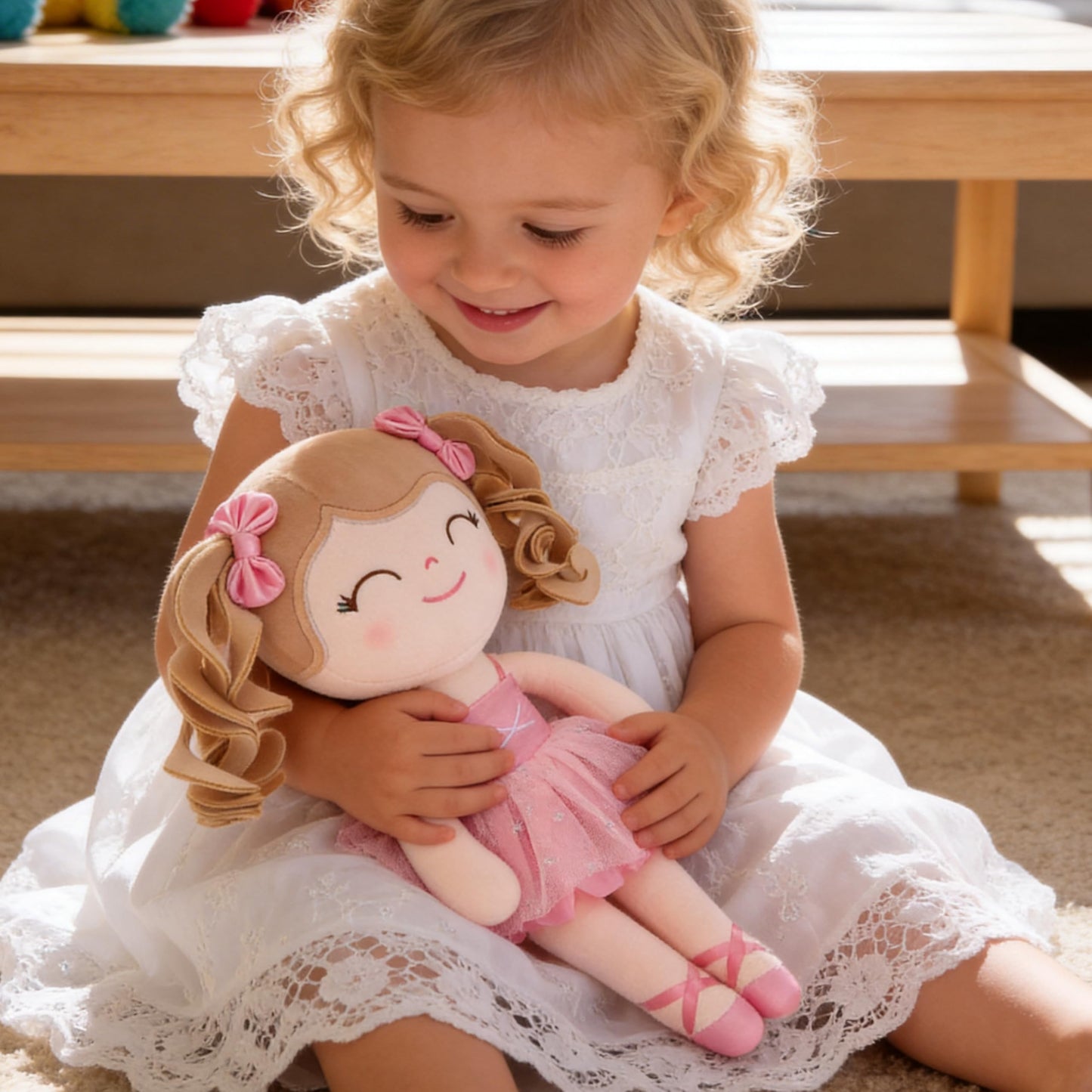 Gloveleya Baby Doll Gifts Plush Curly Hair Ballet Dolls Soft Girl Toys Pink 33CM