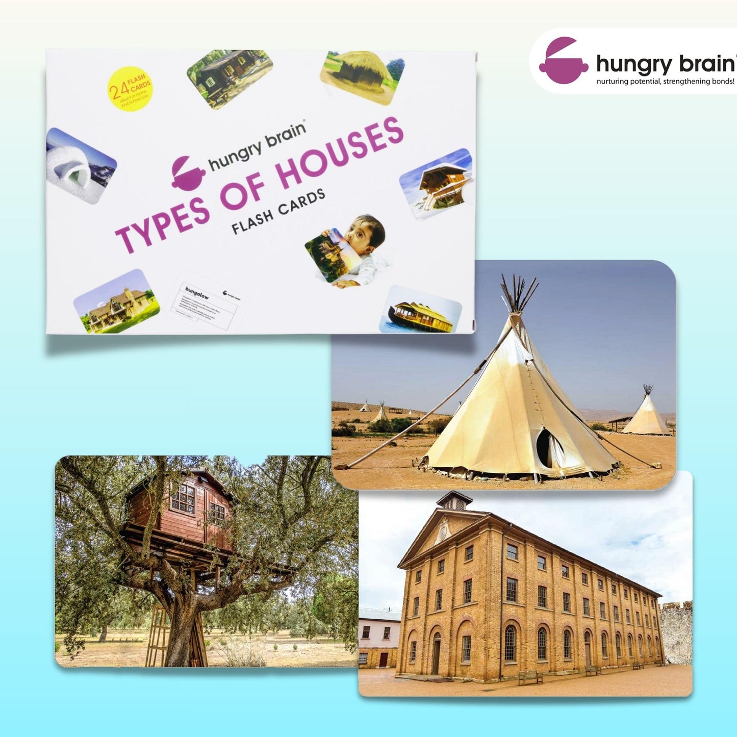 Hungry Brain Types of Houses High Contrast Baby Flash Cards 3 Months to 6 Years | Visual Stimulation Cards | Brain Development, Montessori Early Learning for Toddlers, Infants, Preschool Kids