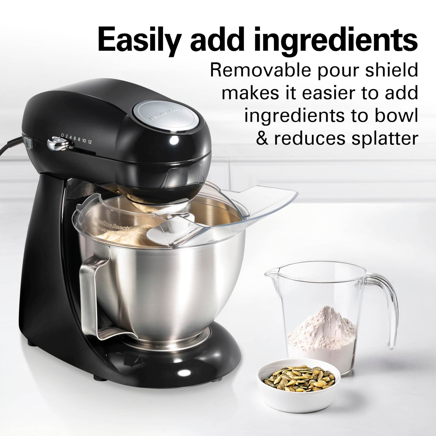 Hamilton Beach Die-Cast Metal Classic Electric Stand Mixer, 12 Speeds, 4.5-Quart Stainless Steel Bowl, Includes Flat Beater, Whisk, Dough Hook & Pour Shield, Powder-Coated Black Finish (63227N)