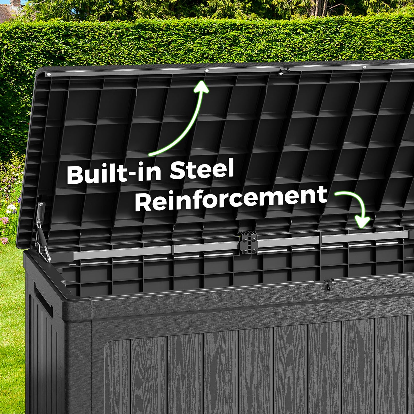 Lyromix 230 Gallon Outdoor Storage Box, UV-Resistant Waterproof Deck Box Outdoor with Lockable Design (Lock Not Included) and Hydraulic Lid, Patio Storage Bin for Cushions and Garden Tools, Black