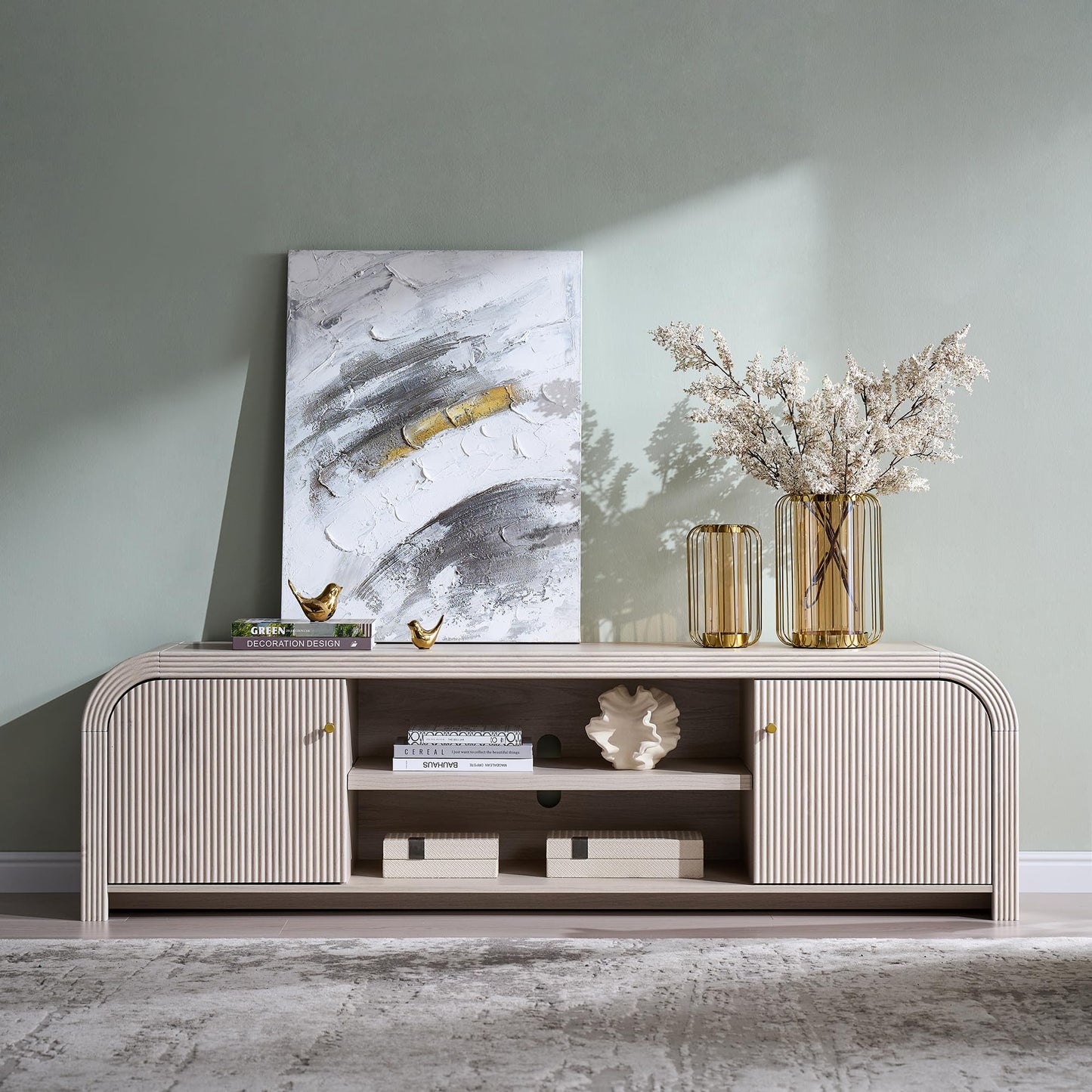 T4TREAM 70" Modern Fluted TV Stand, Long TV Table Entertainment Center with Storage, Media Console for Living Room with Door and Adjustable Shelves (Alder White)