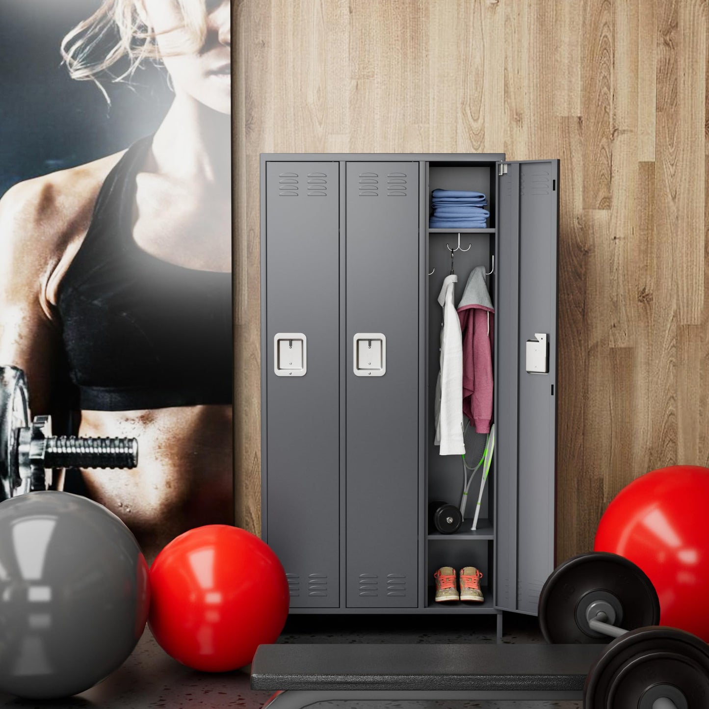 SUPEER Metal Storage Locker with 3 Doors,Metal Locker for Employees with 9 Hooks for School Garage Office Gym Home,Assembly Required,Dark Grey