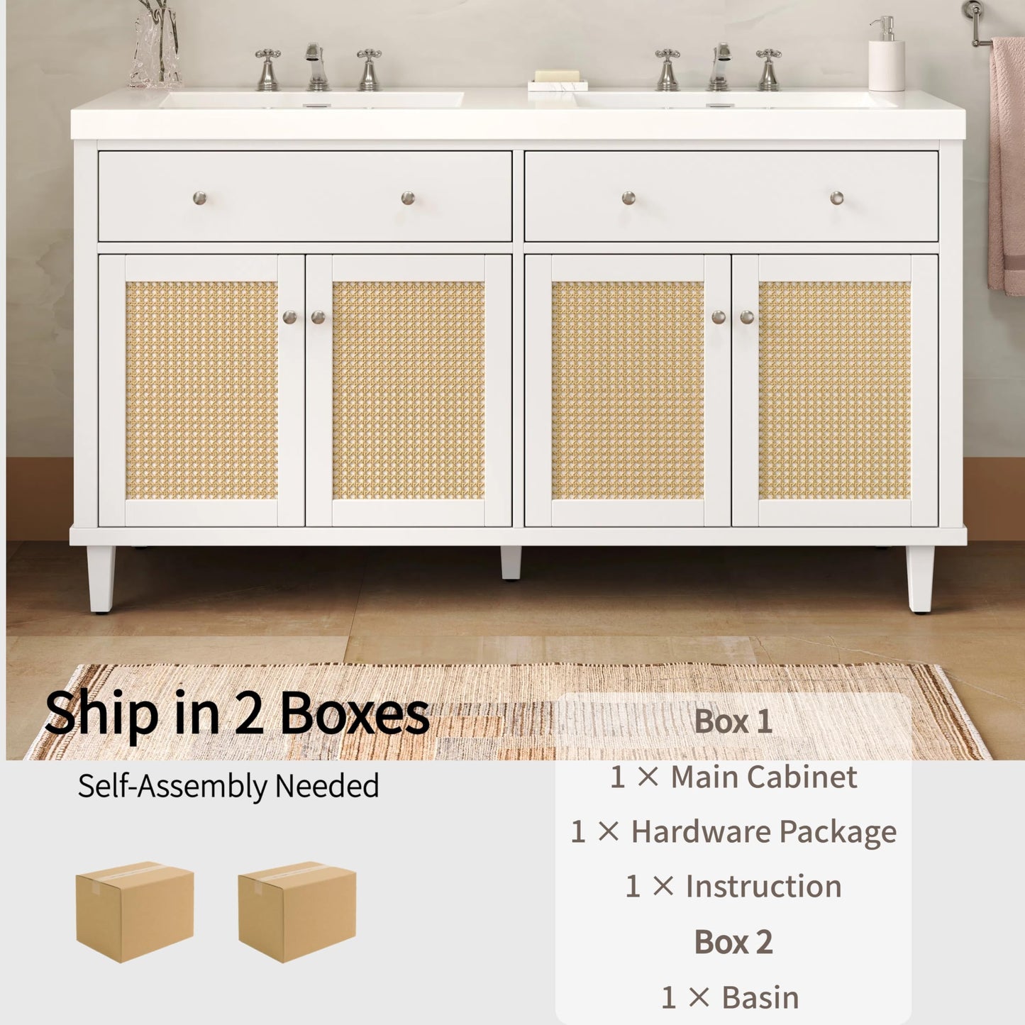 Christopher Knight Home Heli 60" Modern Double Bathroom Vanity with Sink Combo Set, Modern Freestanding Bathroom Sink Cabinet with Drawer, Bathroom Storage Cabinet with Sink Combo, White +Natural