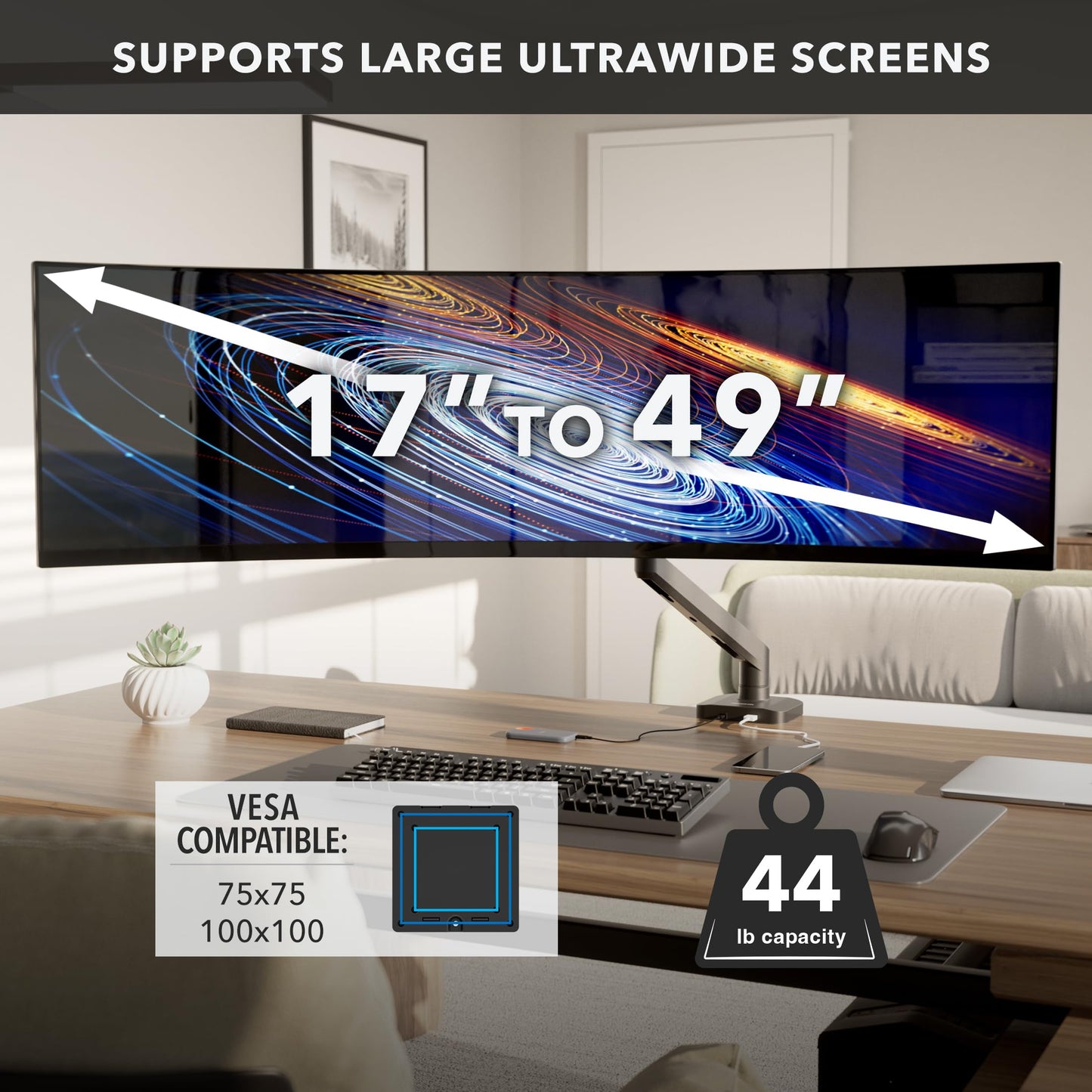 Mount-It! Proflex Series Heavy-Duty Monitor Desk Mount, Fits 17–49” Ultrawide Curved Screens, Full Motion Gas Spring Arm, 44 lbs Capacity, USB-C & USB 3.0 Ports, VESA 75/100, Clamp or Grommet Base