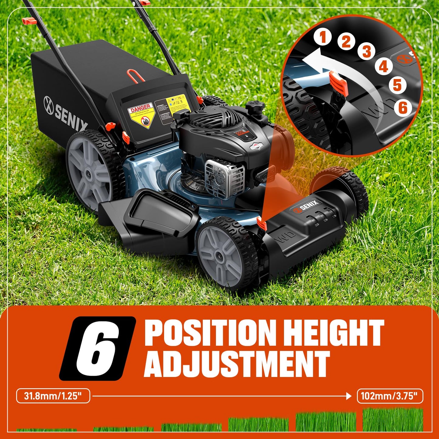 SENIX LSSG-M9 21-inch Gas Self-Propelled Lawn Mower - 140 cc 4-Cycle Briggs & Stratton Engine, Bagging, Mulching, and Side Discharge, 6-Position Lever Height Adjustment