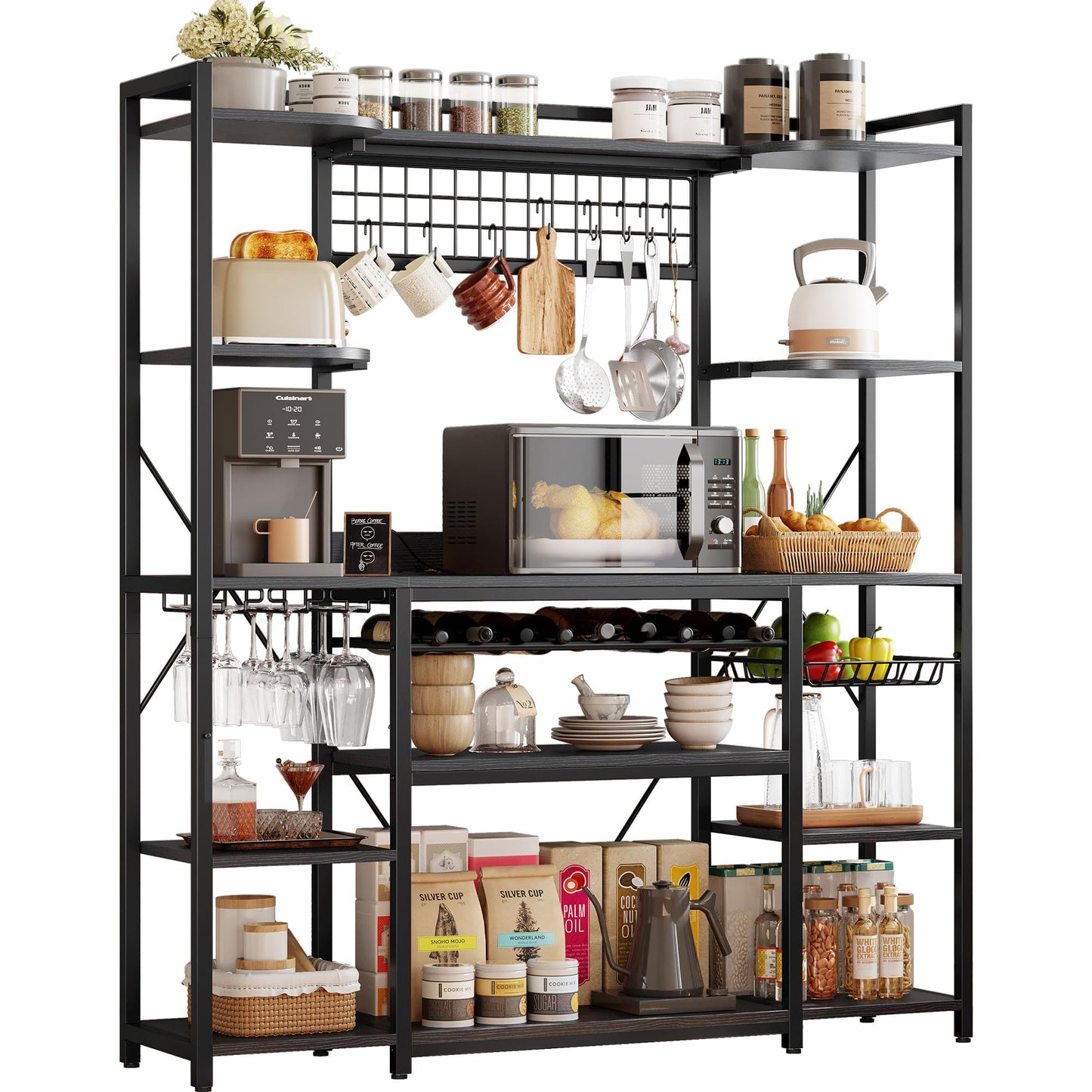 IRONCK Large Bakers Rack with Power Outlet, 62 Inch Wide Microwave Stand, Coffee Bar with Storage, Kitchen Racks and Shelves, Vintage Black
