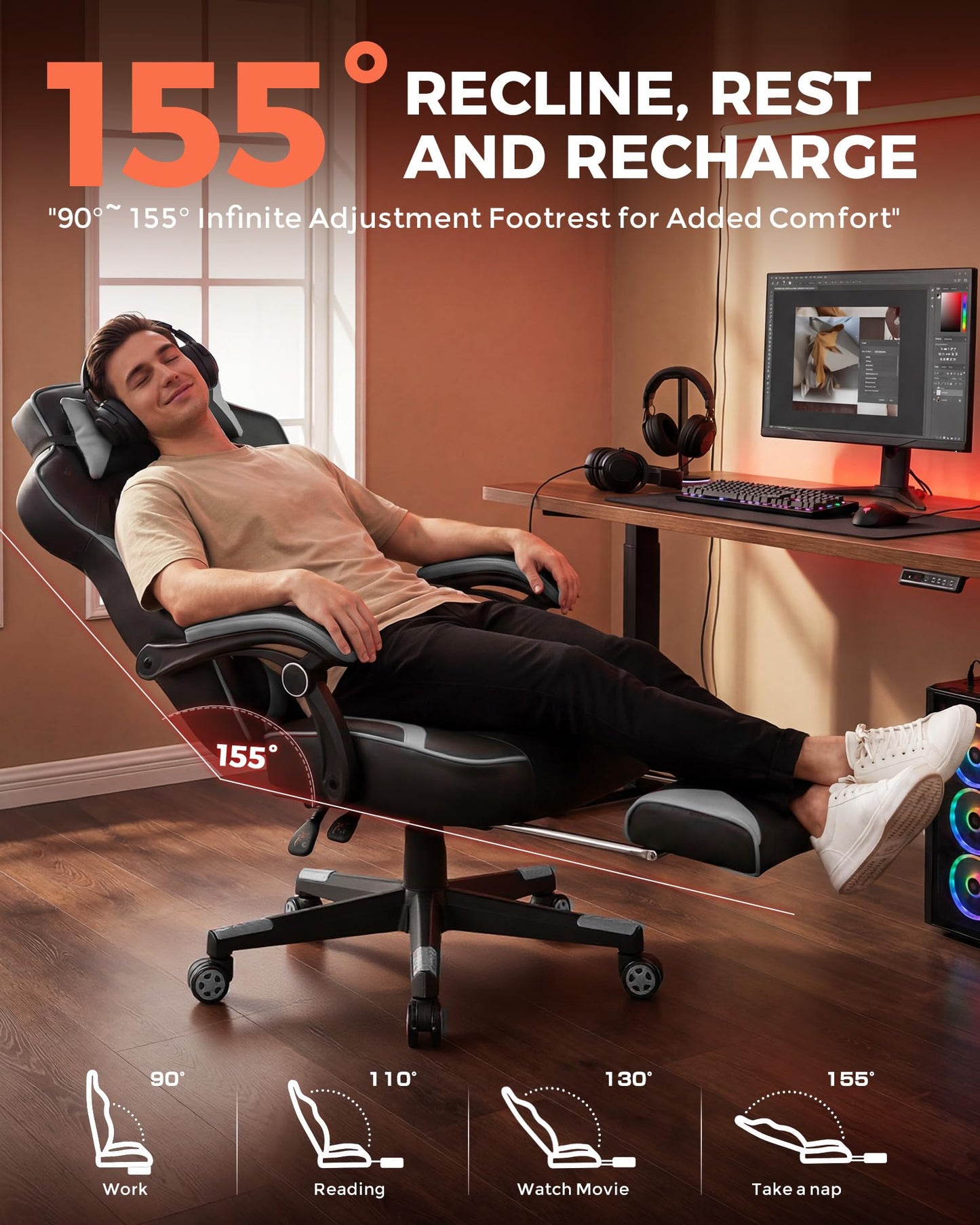 GTPLAYER Gaming Chair with Footrest, Big and Tall Game Chair 350lb Racing Style Computer Chair, Ergonomic Executive Office Chair High Back with Lumbar Support and Recliner, Light Gray