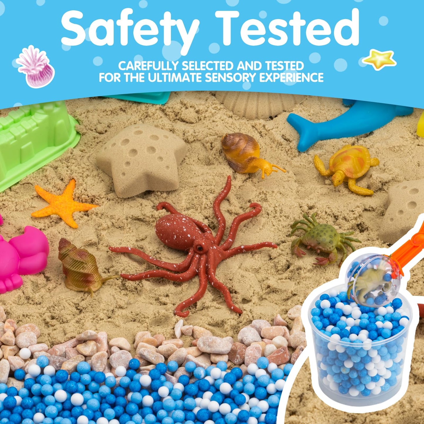 Ocean&Sand Sensory Bin with Lid, 42 Pcs Sensory Sand Kit with Sea Animals for Kids, Birthday Christmas Gifts for Boys Girls, Preschool Learning Activities Tools Box, Outdoor Sandbox Toys for Toddlers