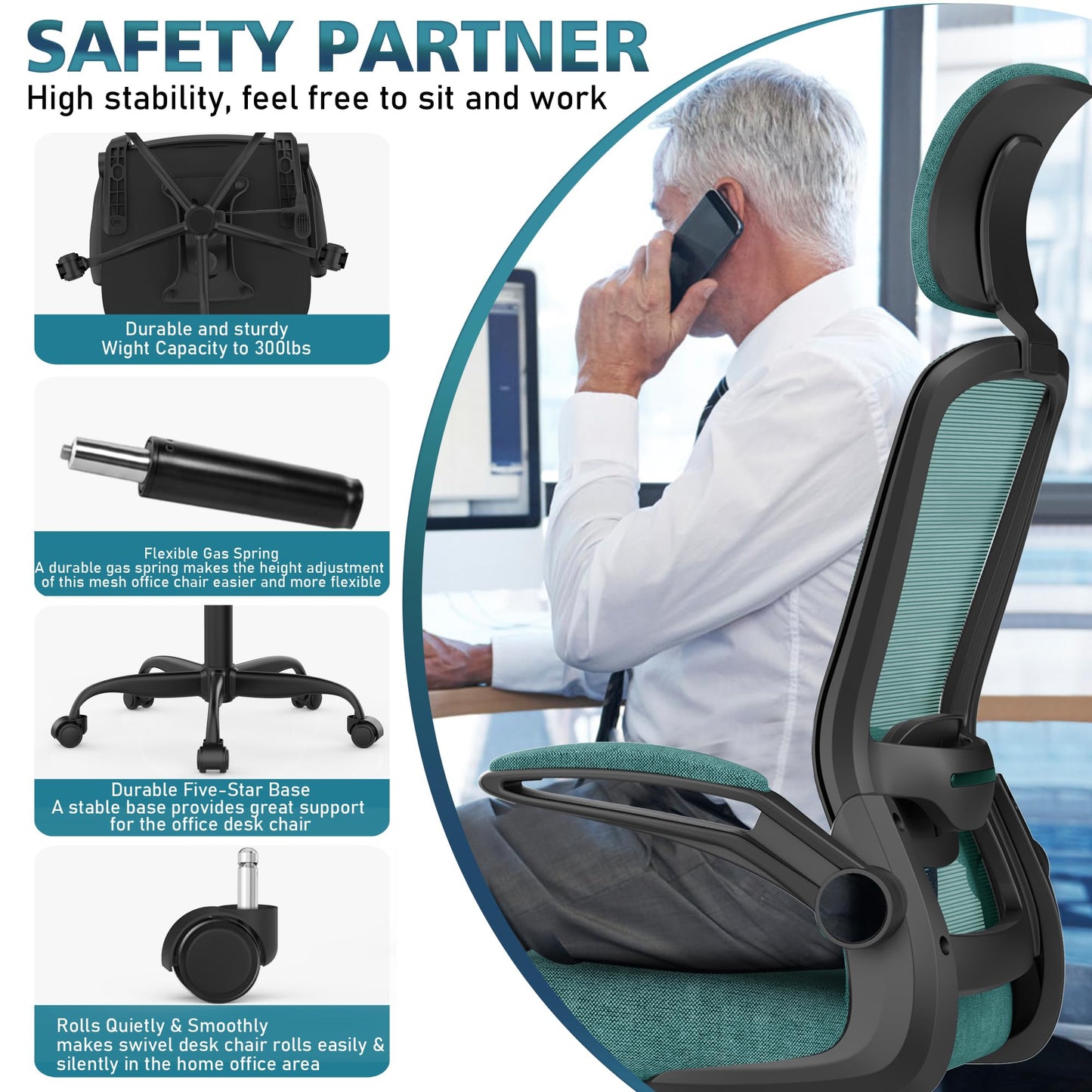 New Year Office Upgrade Ergonomic Desk Chair for Long Hours Sitting – Back & Neck Pain Relief, Adjustable Lumbar Support & Headrest, High-Density Foam Seat, Ideal for Work & Home Office, Green