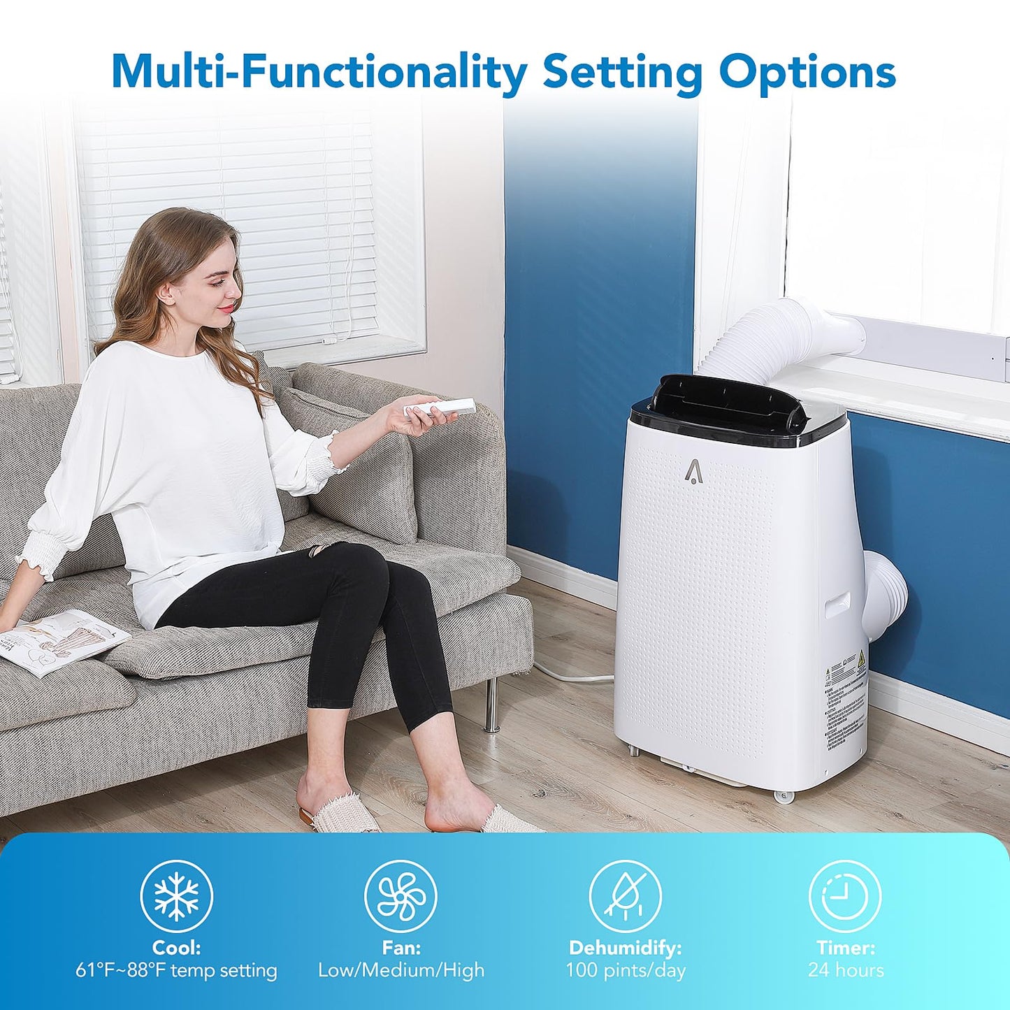 15000 BTU Portable Air Conditioner - Cools 700-850 Sq Ft Rooms, 3-IN-1 Quiet Portable AC Unit, Full Installation Kits for Large Room, Sleep Mode, Auto Swing, 24H Timer, White