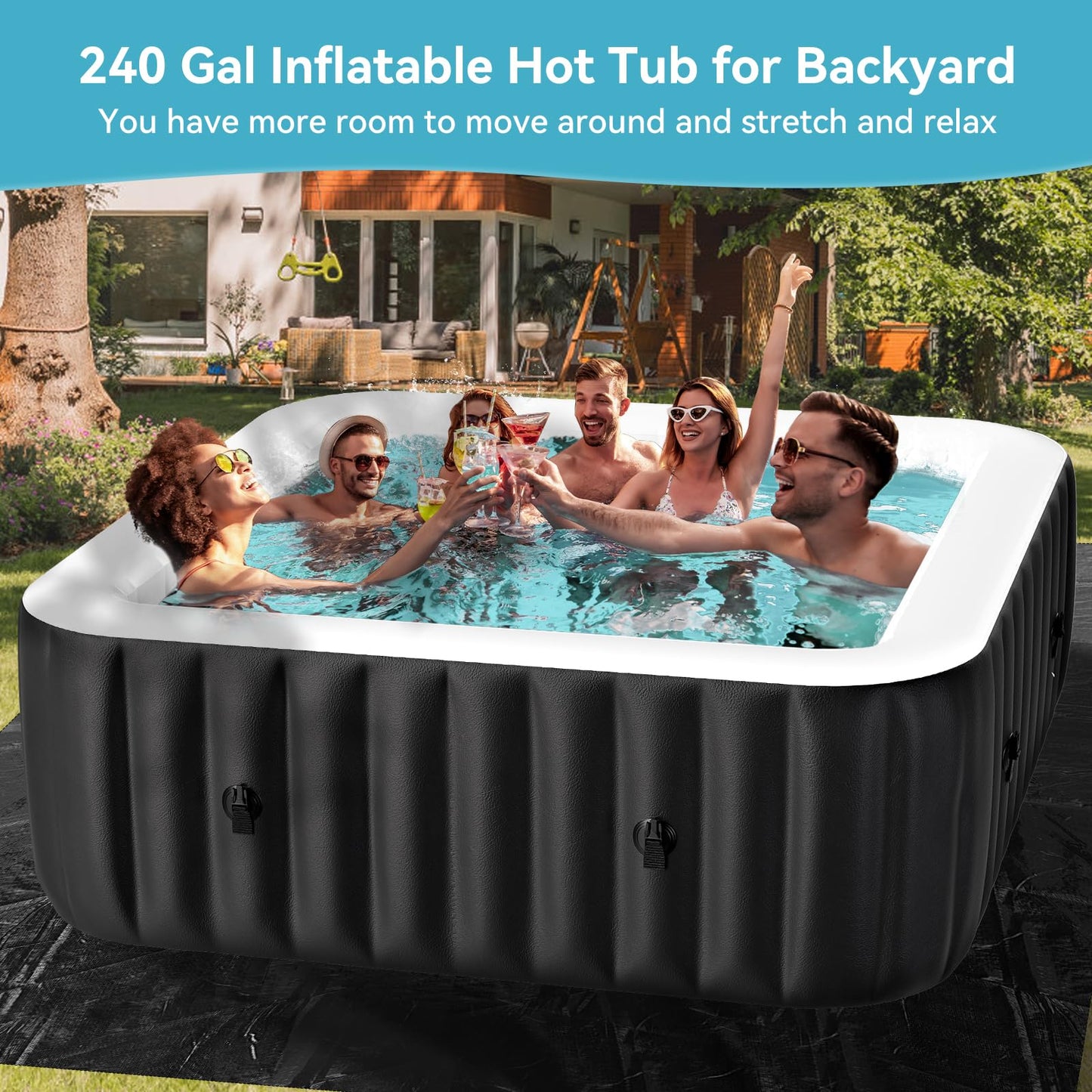 Blow Up Inflatable Hot Tub, 4-6 Person Large Square Portable Hot Tub, Leak-Proof PVC Outdoor Spa with 130 Air Jets, Heater Pump and Insulated Cover, 73” X 73”X 25”