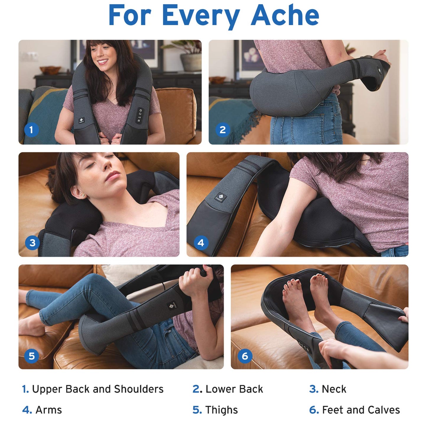 Etekcity Cordless Neck & Back Massager with Heat, Deep Tissue Shiatsu, Rechargeable Shoulder Pain Relief Wearable, 8 Nodes, 3 Intensities, Bi-Directional, 180-Min Battery, Soft PU Leather, Best Gift