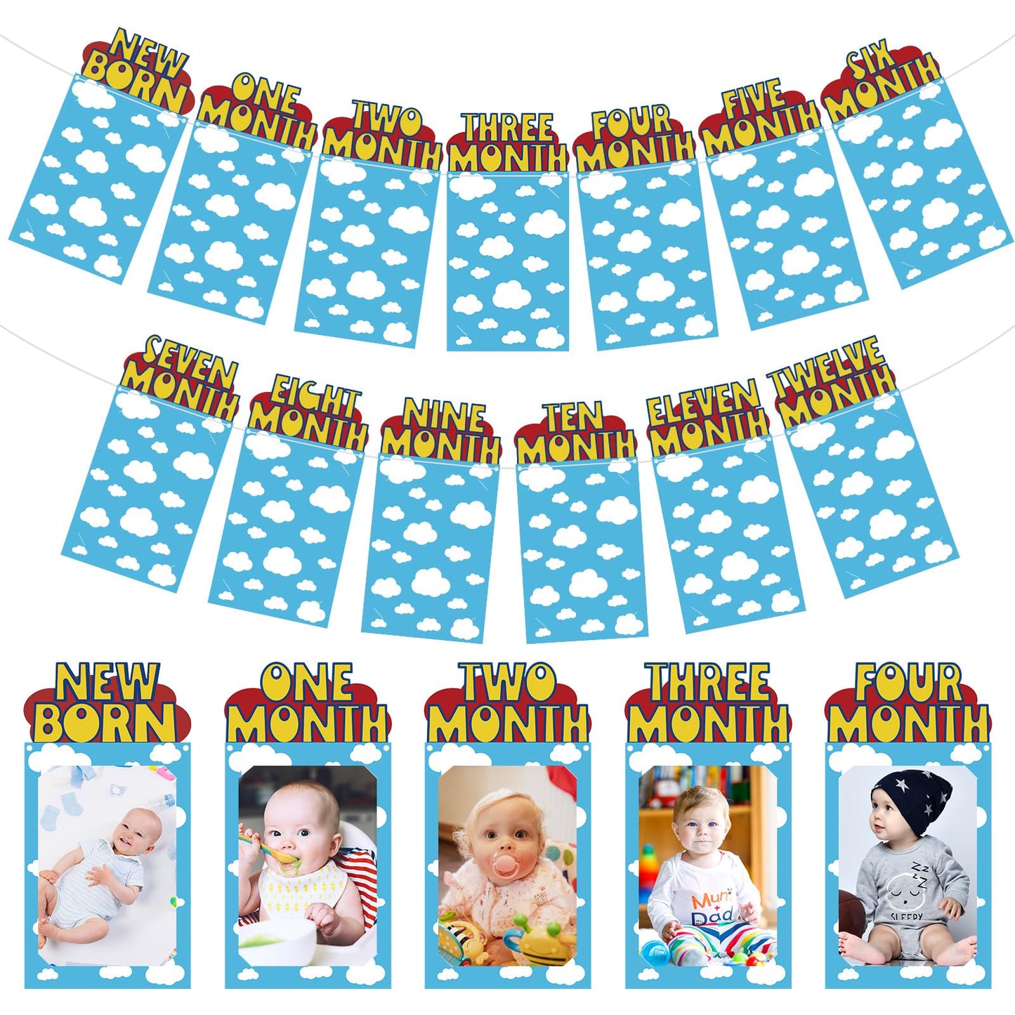 Oudain Cartoon 1st Birthday Photo Banner for Baby from Newborn to 12 Months Inspiration 1st Birthday Party Decorations for Girl Boy Monthly Milestones Garland