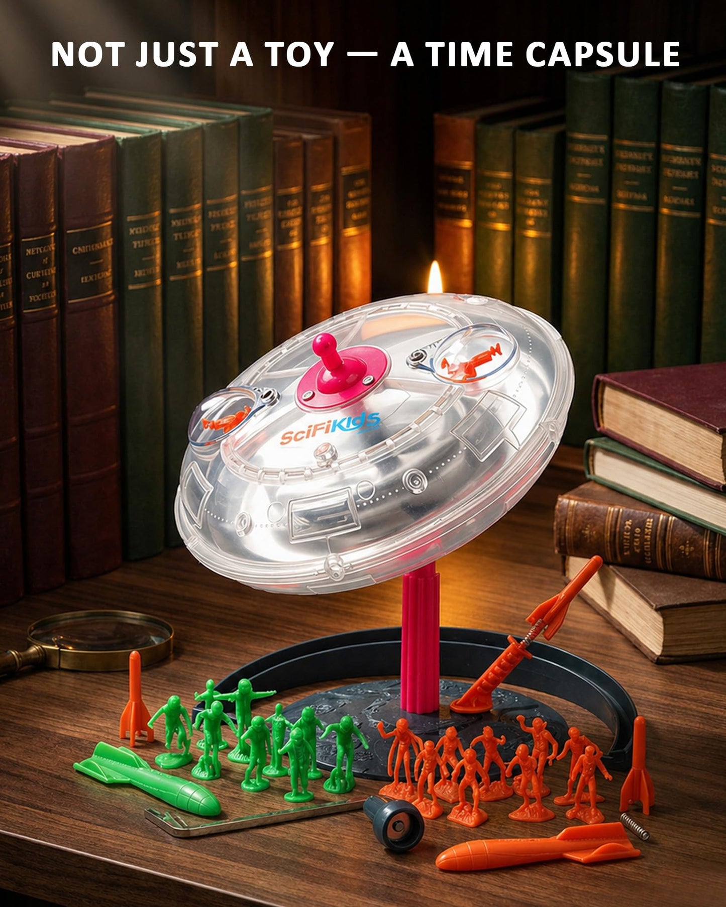 SciFiKids Vintage Wind-Up Toy – 1950s Classic UFO Spinning Gyroscope Spaceship with Aliens & Spring Rocket, Retro Mechanical Flying Saucer Toy for Kids & Collectors