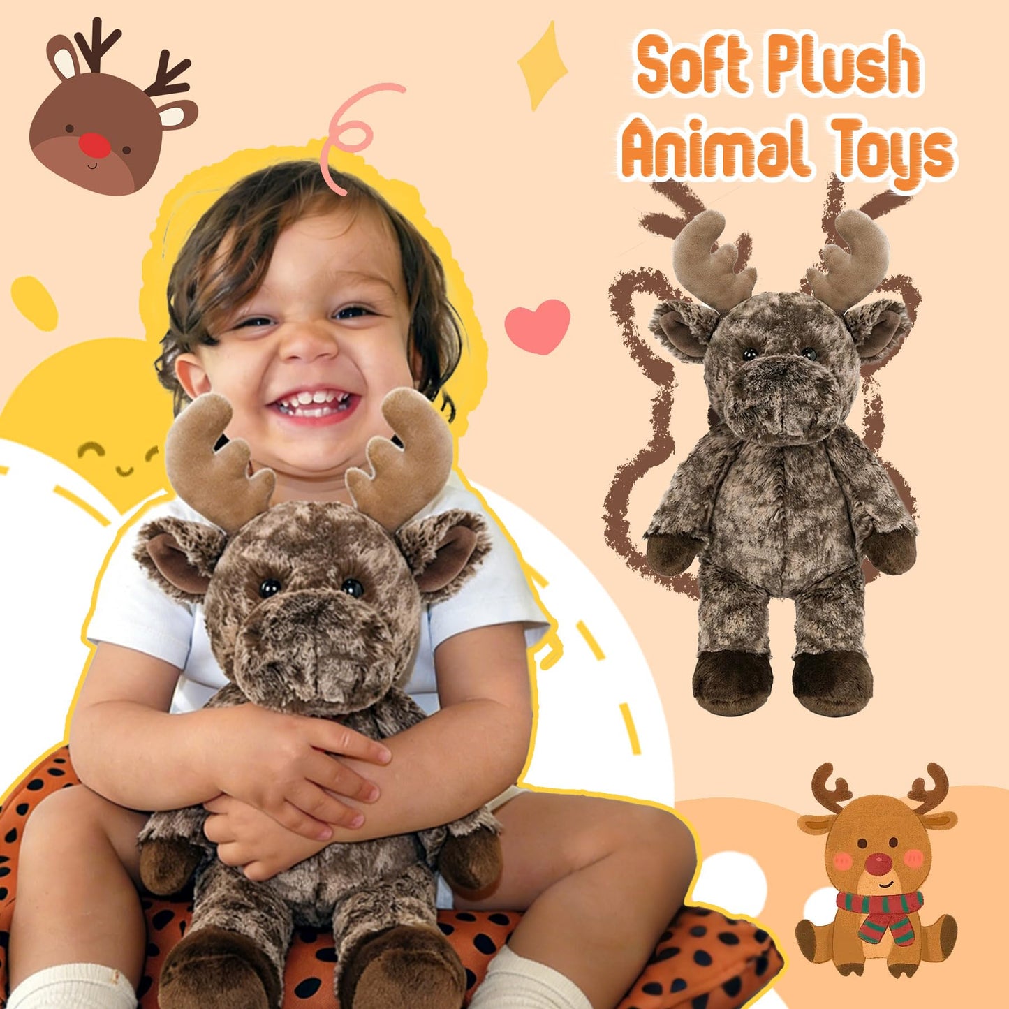 okegztoa Stuffed Animal Plush Toy Soft Plushie Cuddly Reindeer Cute Plush Toy for Kids Toddlers Boys Girls Birthday Christmas Nursery Decor Party Favors