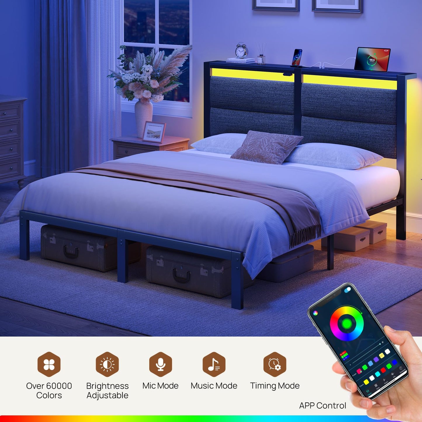 Rolanstar Full Size Bed Frame with Charging Station, LED Full Bed Frame with Upholstered Storage Headboard, Platform Bed with Metal Slats & Under Bed Storage, No Box Spring Needed, Noise Free, Grey