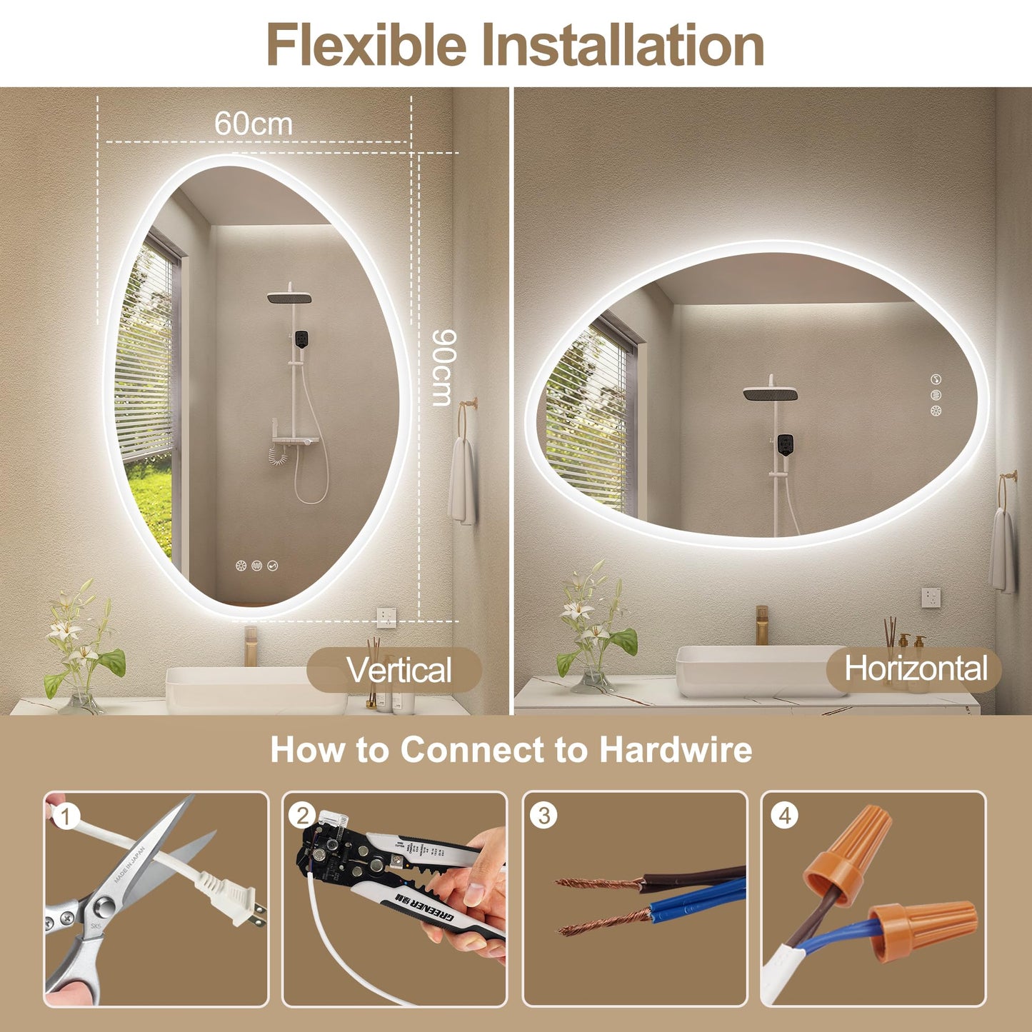 S·BAGNO 36’’×24’’ Led Bathroom Mirror with Lights, Backlit and Front Lighted, Anti-Fog Wall-Mounted Vanity Mirror 3000K/4000K/6500K, Dimmable Inside Bluetooth Speaker Smart Mirror