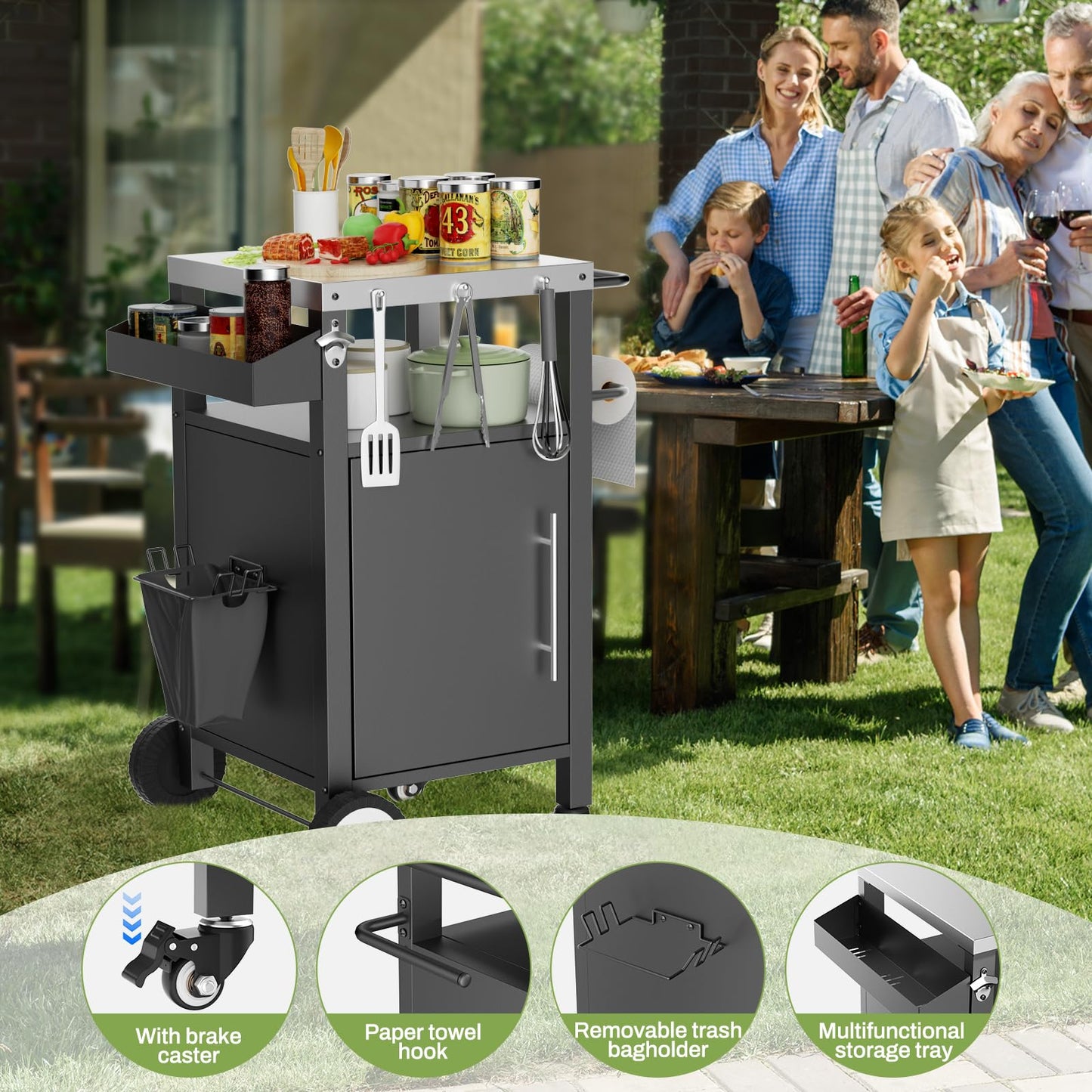 Outdoor Rolling Bar Cart Grill Cart, Outdoor Serving Carts Grill Table Storage Cabinet, Rolling Bar Cart Outdoor BBQ Cart with Hooks and Spice Rack for Grilling Accessories, Black (1 Door)
