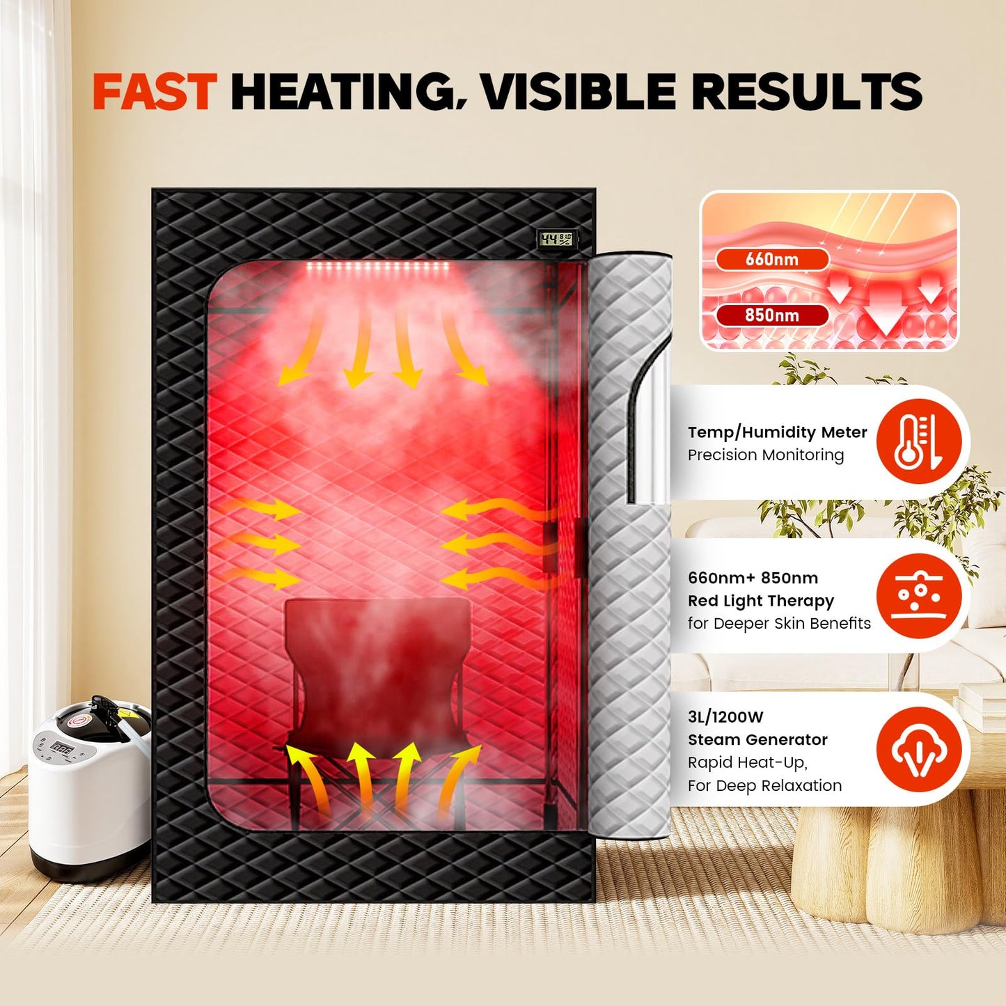 Viconor Infrared Sauna Box, Portable Steam Infrared Sauna Tent with Red Light Therapy for Home, Full Body Steam Indoor Sauna Box for Relaxation, 3L/1200W Steamer, 9 Levels Heat, Timer, Folding Chair