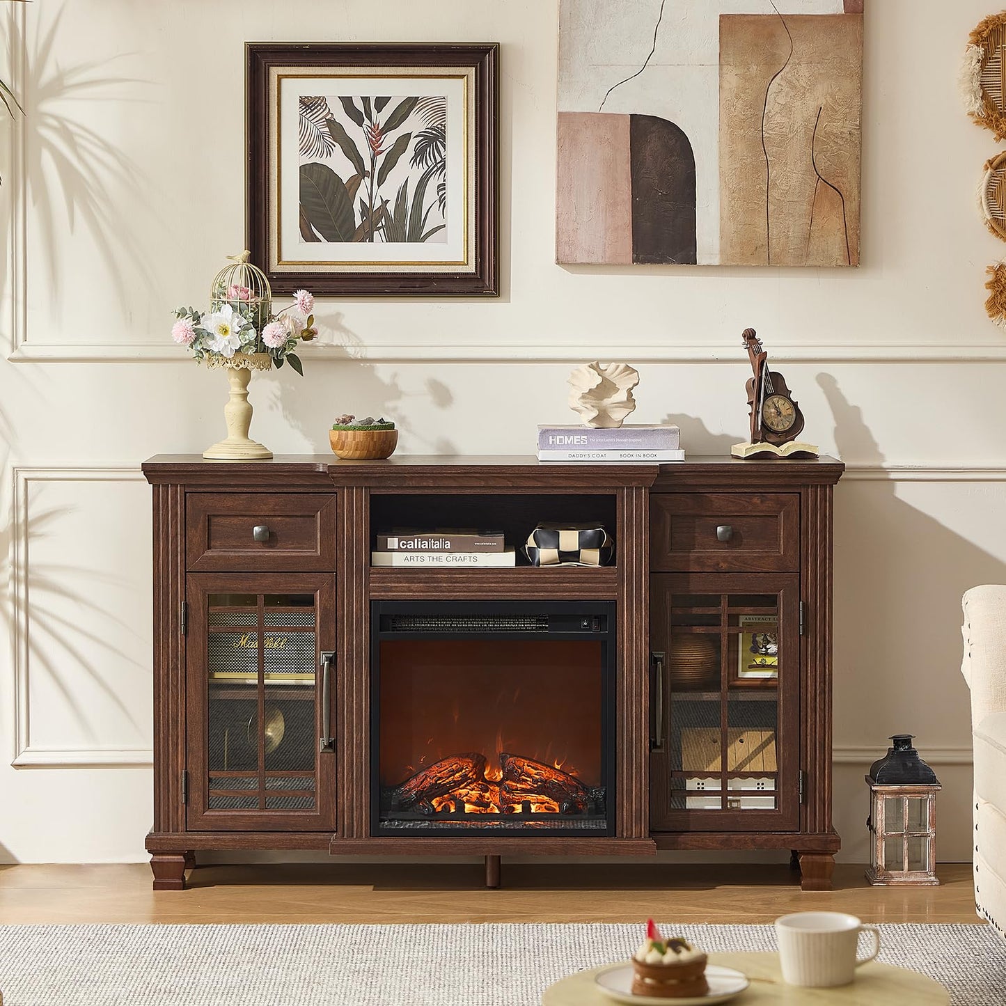 SAVOR LIFE 52" Fireplace TV Stand with 18”Silent Electric Fireplace, Farmhouse Entertainment Center for TVs up to 65", 2 Drawers TV Console with Glass Door Cabinet, Walnut TVs Cabinet for Living Room