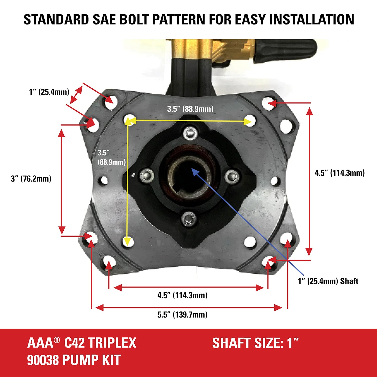 AAA Pumps 90038 Horizontal Triplex Plunger Replacement Pressure Washer Pump Kit, 3800 PSI, 3.5 GPM, 1" Shaft, Includes Hardware and Siphon Tube, for Industrial Gas Powered Machines, Black