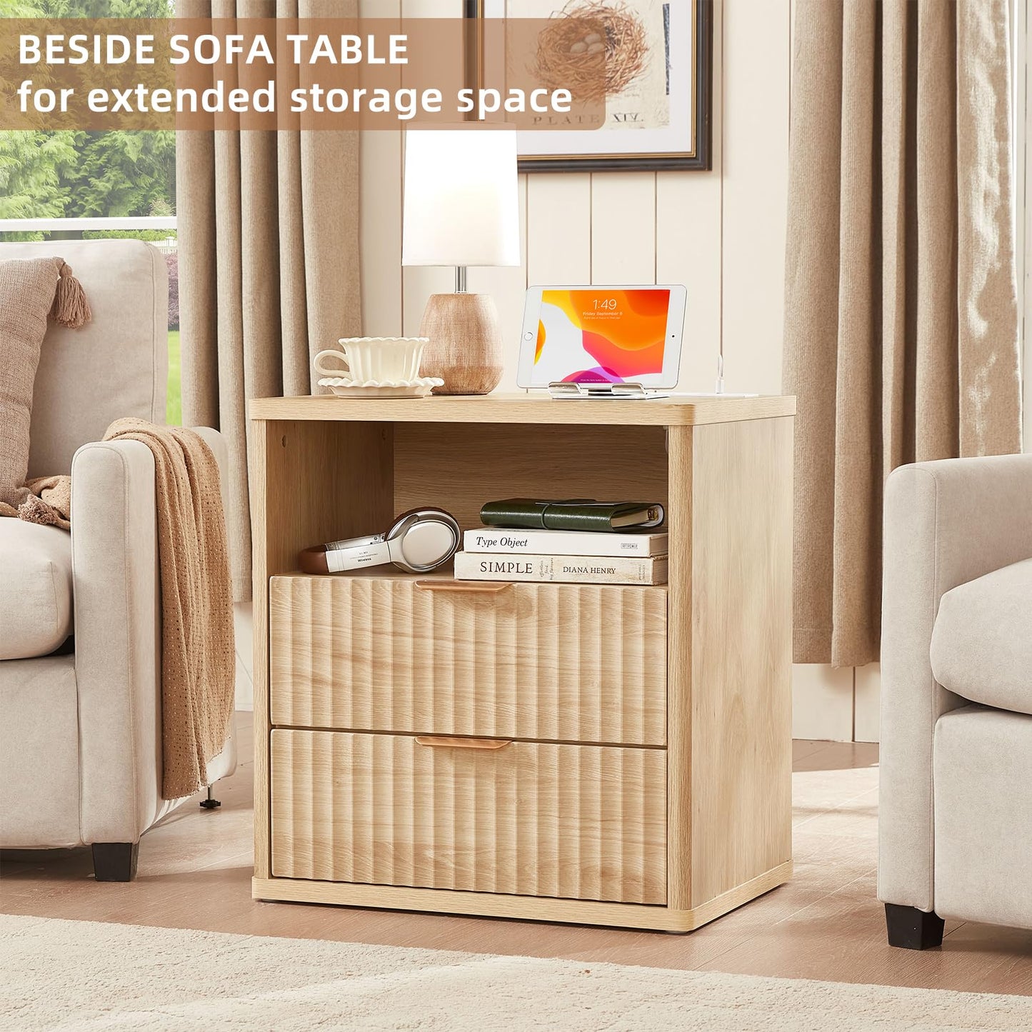 LEYAOYAO Fluted Farmhouse Nightstand Set of 2 with Charging Station, 23" Wide 2 Drawers End Table,Natural Dresser for Bedroom,Bed Side Table Chest of Drawers Cabinet,Wood Night Stand for Living Room