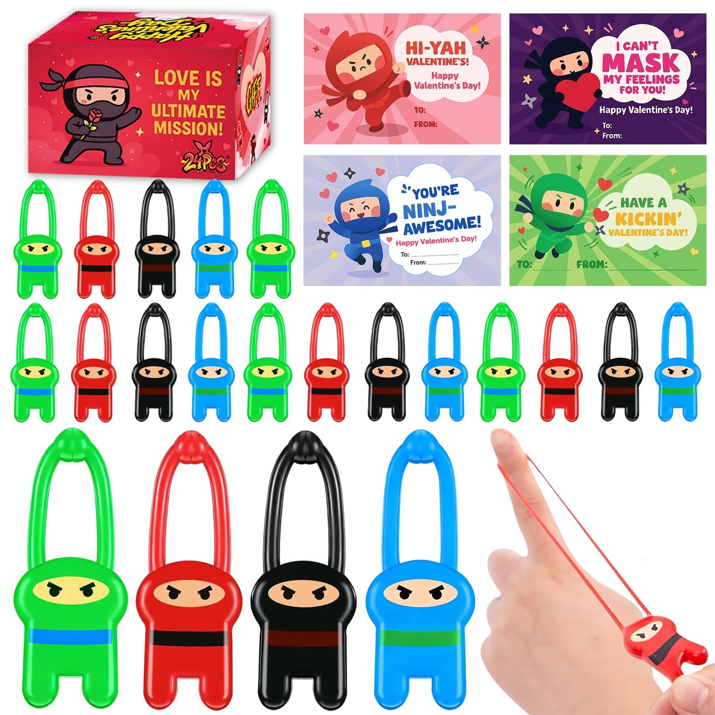 HFZCZW Valentines Day Cards for Kids,24 Pack Ninja Sticky Stress Relief Tricky Toys with Valentines Flying Elastic Slingshot Ninja Toys,Valentine Exchange Gift for Kids Girls