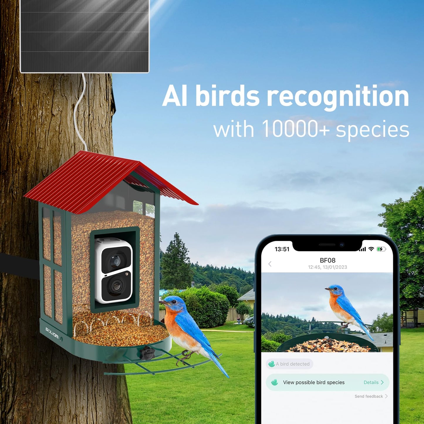 SOLIOM Smart Bird Feeder with Camera for Outdoors, Durable Metal Solar AI Birdhouse, 2K Live View & Instant Alerts, Squirrel-Proof – Complete Bird Watching Gift Set(Red)