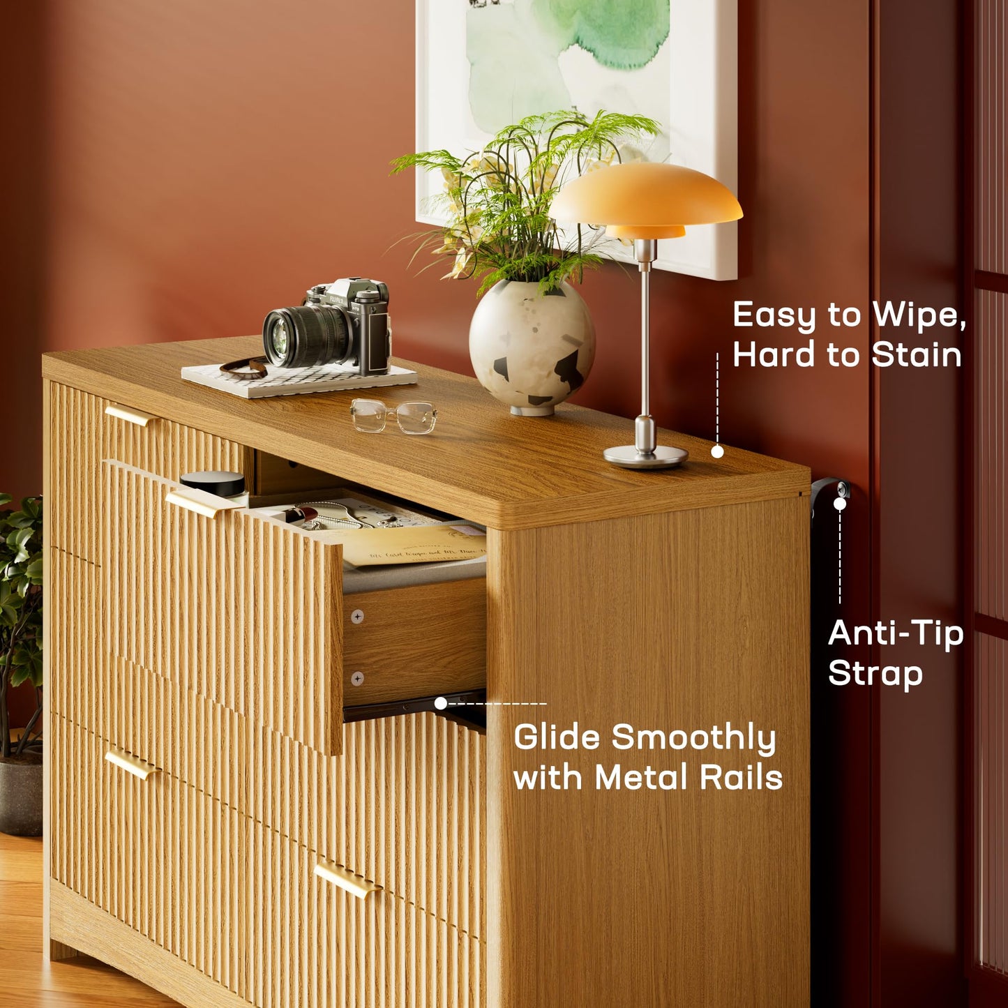 Marsail 6 Drawer Wooden Dresser with Smooth-Glide Drawers, Modern Storage Solution for Bedrooms, Living Rooms, and Hallways, Featuring Large Capacity and an Elegant Natural Wood Finish, Natural Oak