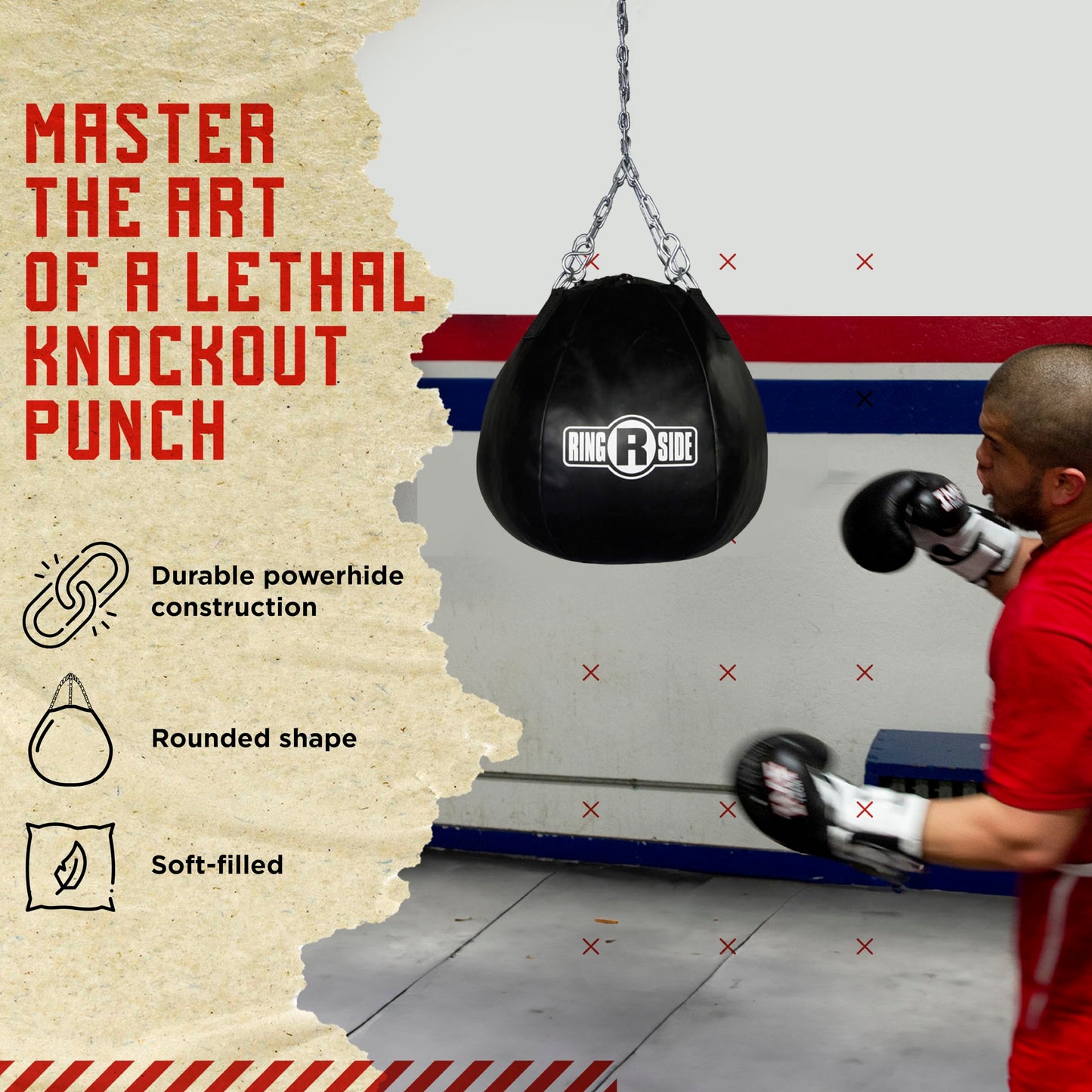Ringside Head Shot Heavy Bag, Soft-Filled, Powerhide Punching Bag for Boxing, MMA, Muay Thai, and More, Includes Heavy Bag Chain and Swivel, 55 Pounds, 15" x 18", New Version