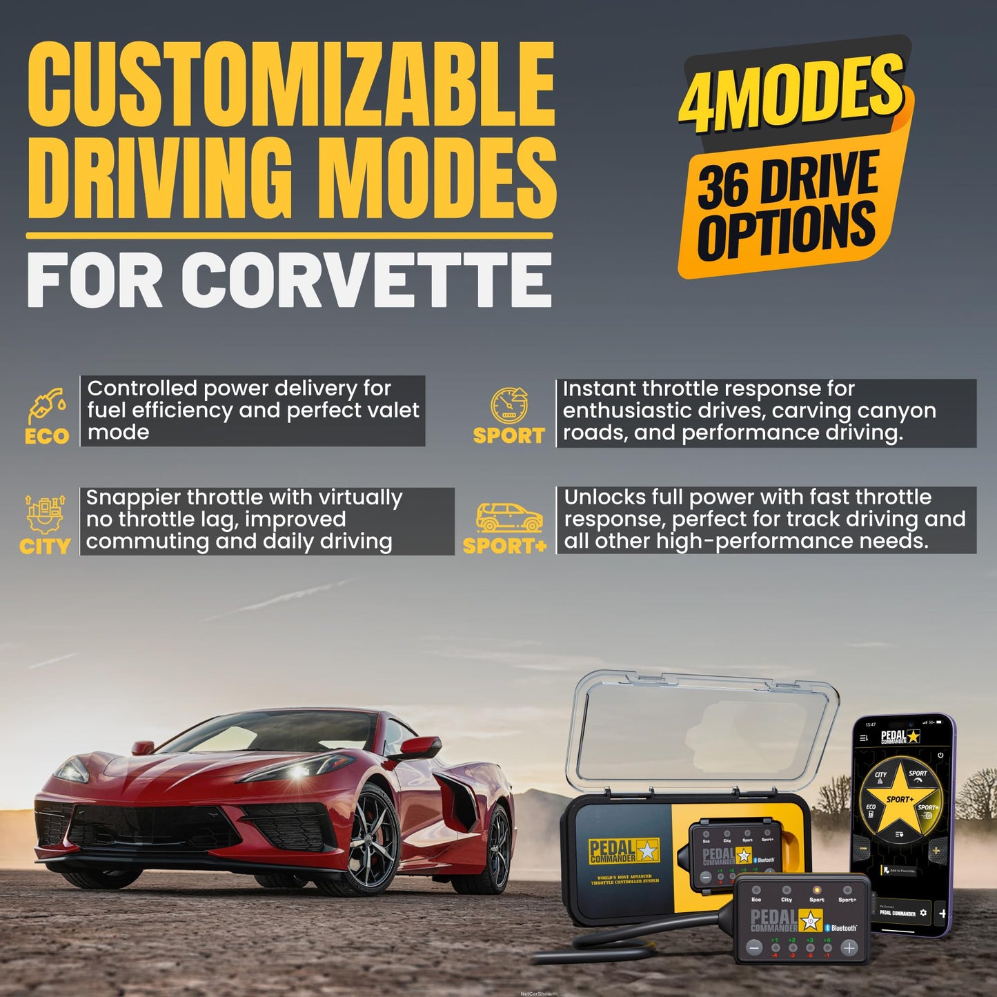 PEDAL COMMANDER for Chevrolet Corvette C8 2020-2026 Throttle Response Controller - Plug-and-Play, 4 Modes & App Control, Throttle Controller Performance Upgrades, Corvette Accessories
