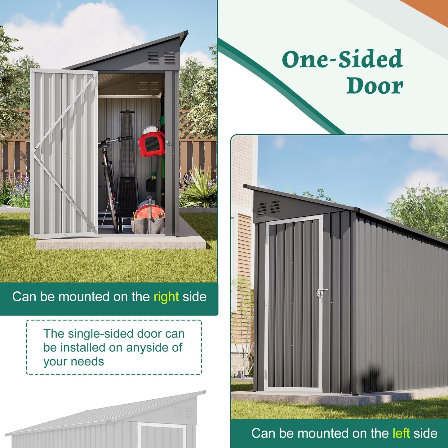 YOPTO 4×8 FT Lean to Metal Shed,Outdoor Heavy-Duty Storage Shed with Floor Base,All Weather Waterproof Garden Tool House W/Lockable Door&2 Air Vents,Reversible Door Design,for Backyard,Patio,Lawn,Gray