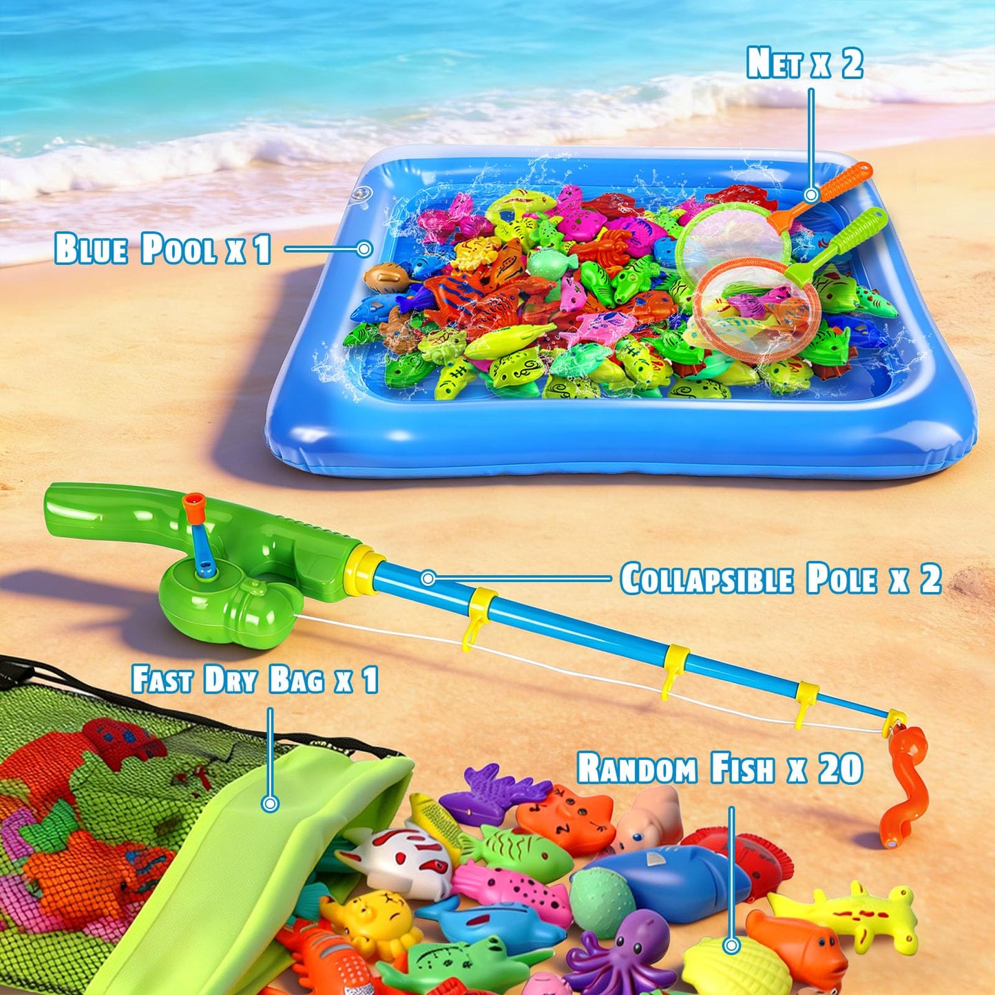CozyBomB™ Magnetic Fishing Toys Game Set for Kids | Water Table Bathtub Kiddie Pool Party Pole Rod Net, Outdoor Plastic Floating Fish, Toddler Bath Color Ocean Sea Animals Birthday Gift Age 3-5 6 4-8