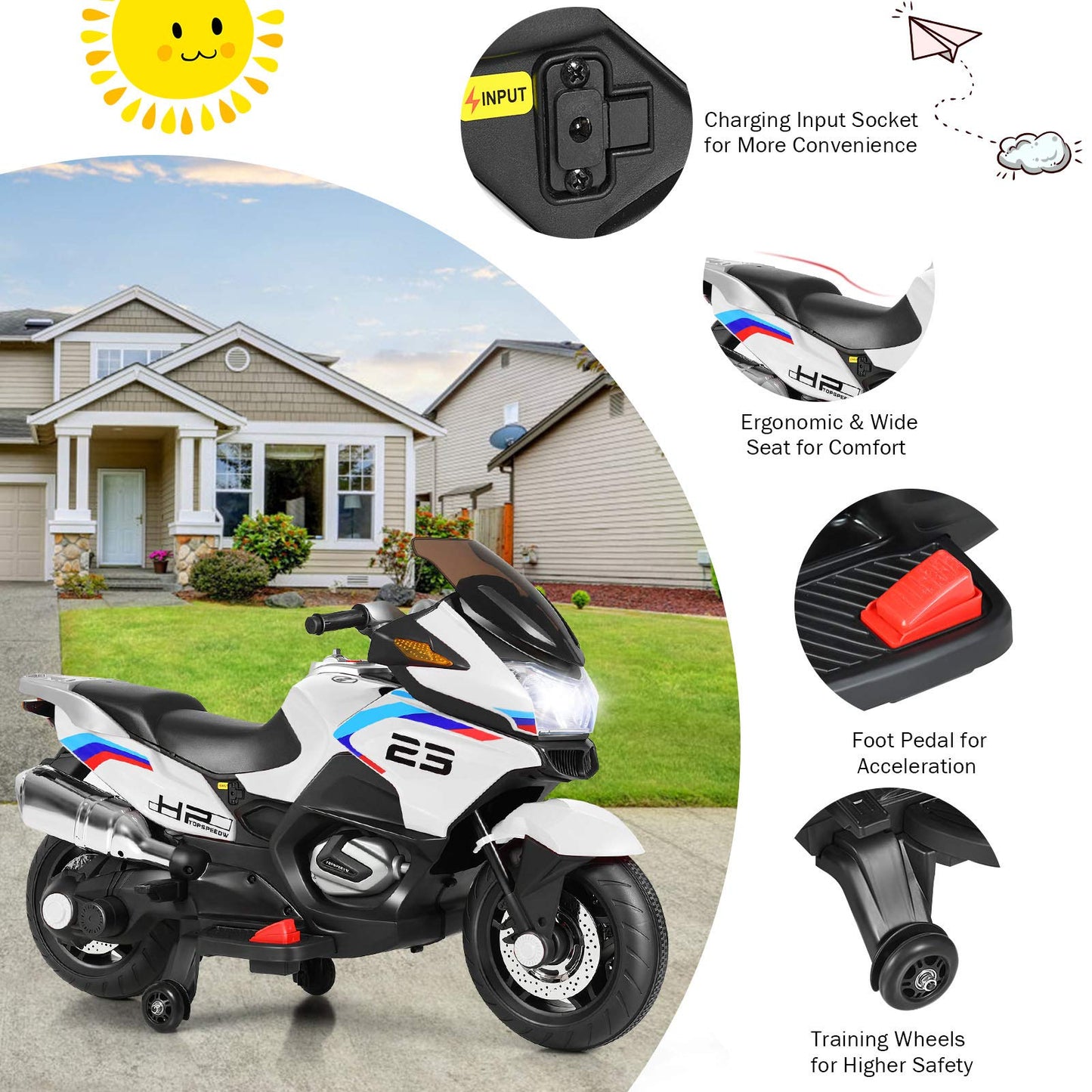 Costzon Kids Ride On Motorcycle, 12V Electric Battery Powered Ride On Bike w/Training Wheels, LED Lights, Music, Pedal, Forward/Reverse, Gift for Children Boys Girls (White)