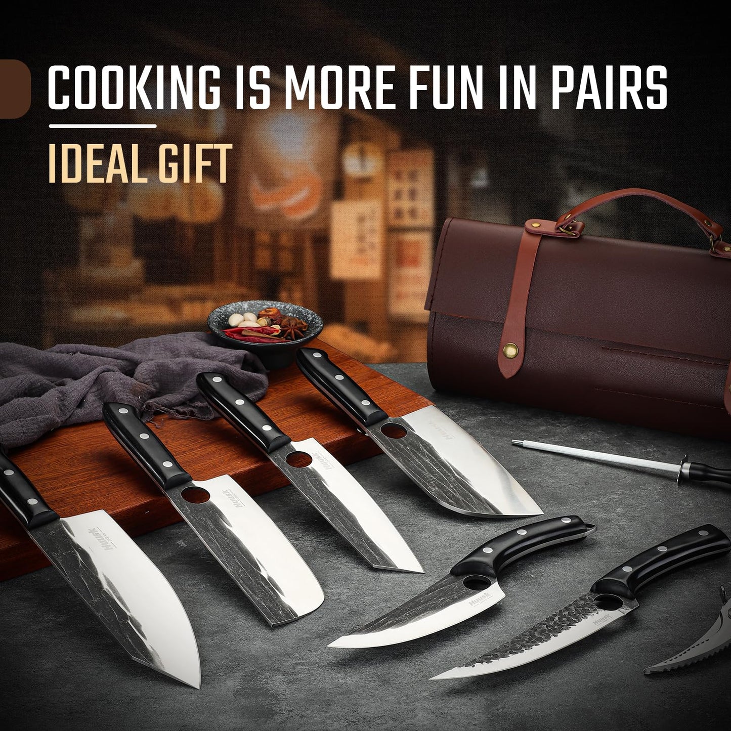 Huusk Knives Set, Serbian Chef Knife Set with Bag, Japanese Butcher Knife for Meat Cutting, 7.5 inch Meat Cleaver, Hand Forged High Carbon Steel Full Tang Knife Set with Ebony Handle Gift for Men