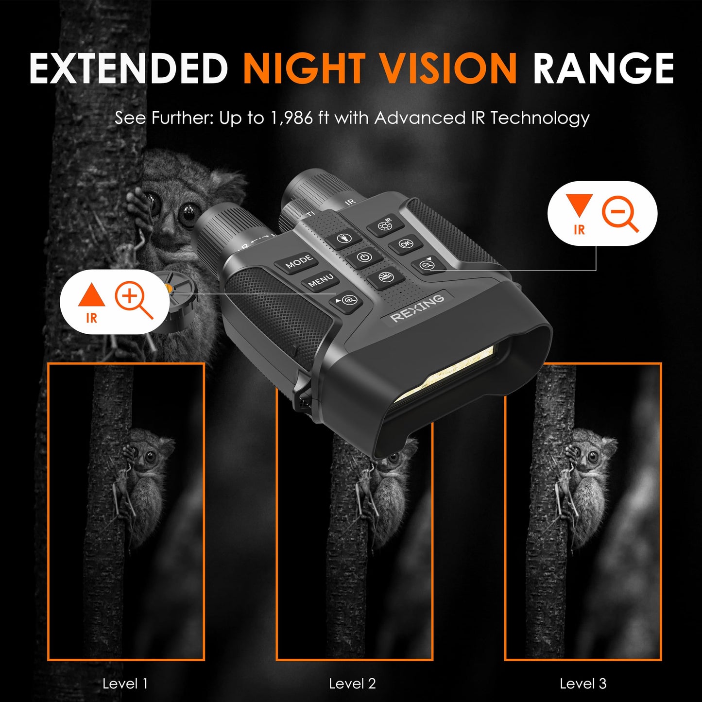 RexingUSA B1 Compass Night Vision Binoculars – 4K Ultra HD, Integrated Compass, Flashlight, Weather Resistant, IR Night Vision, 5X Digital Zoom, Video Recording, and Photos