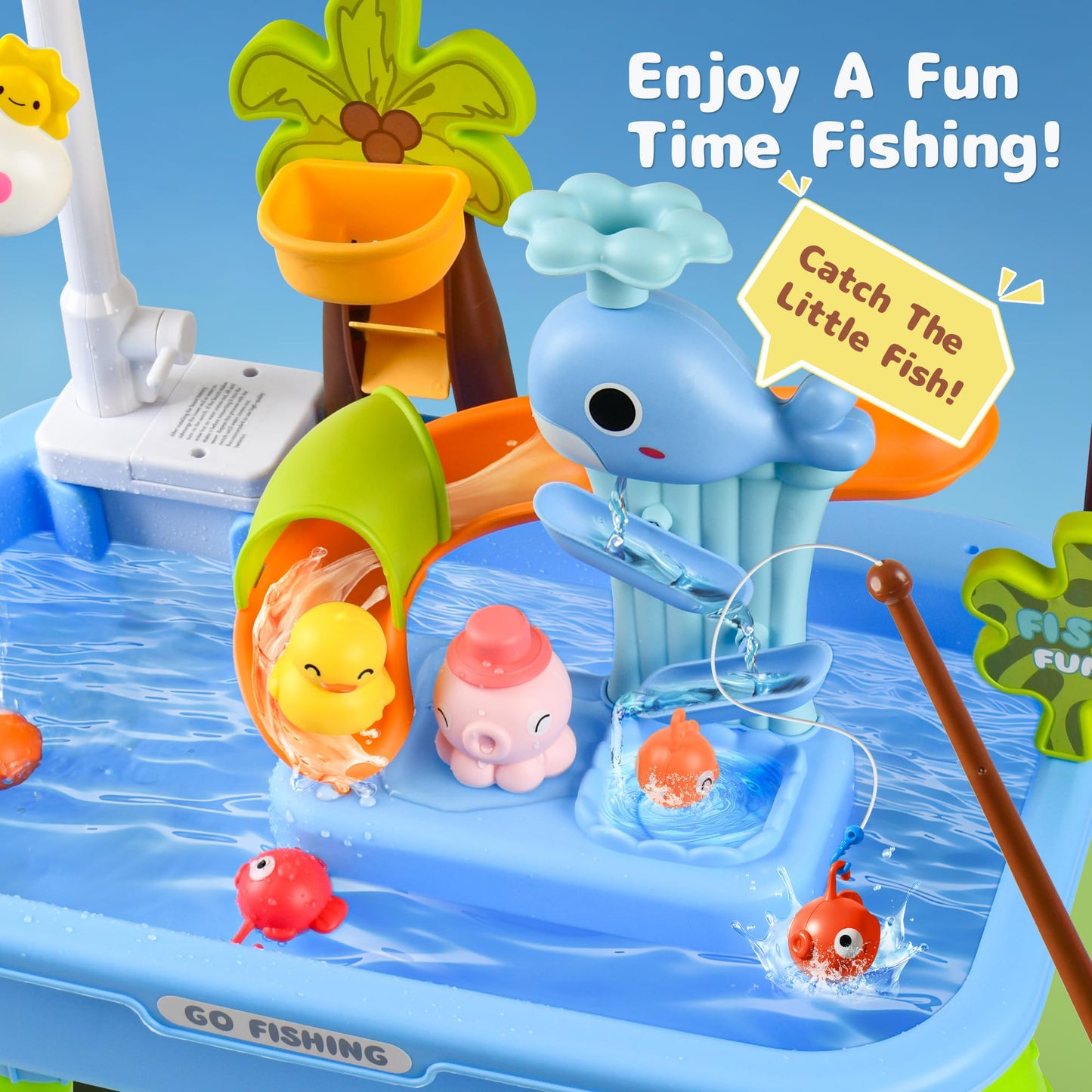 Hanyutom 2026 Upgraded Toddler Sand Water Table Toy with Electric Water Pump, Kids Sand Water with Faucet/Play Food Accessories/Fishing Toy, Kitchen Play Sink Toys for Girl Boy Age 3+ (Blue)