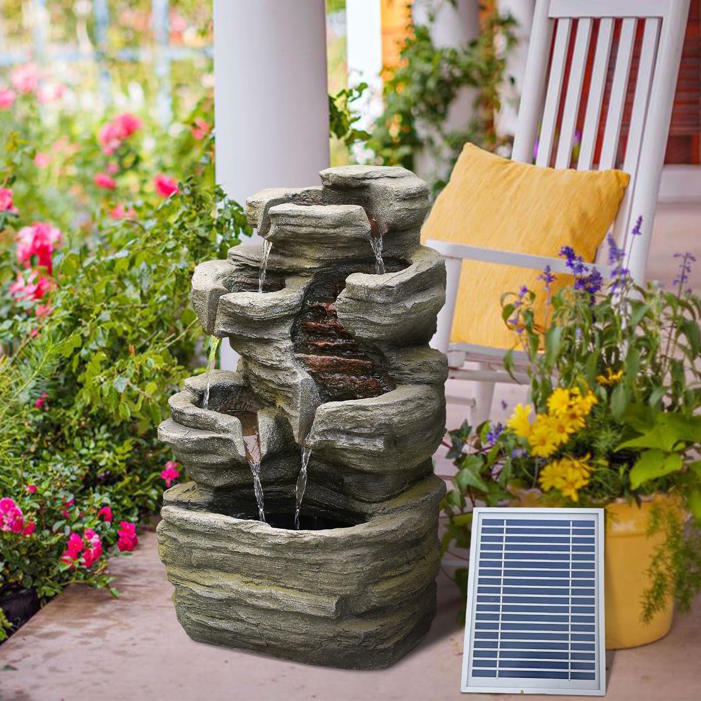 6-Tier Solar Water Fountain Outdoor, 24.4" H Cascading Rock Feature Garden Fountains and Waterfalls with Light, Pump, Solar Panel for The Patio, Deck, Porch, Backyard Home Décor, Stone Gray