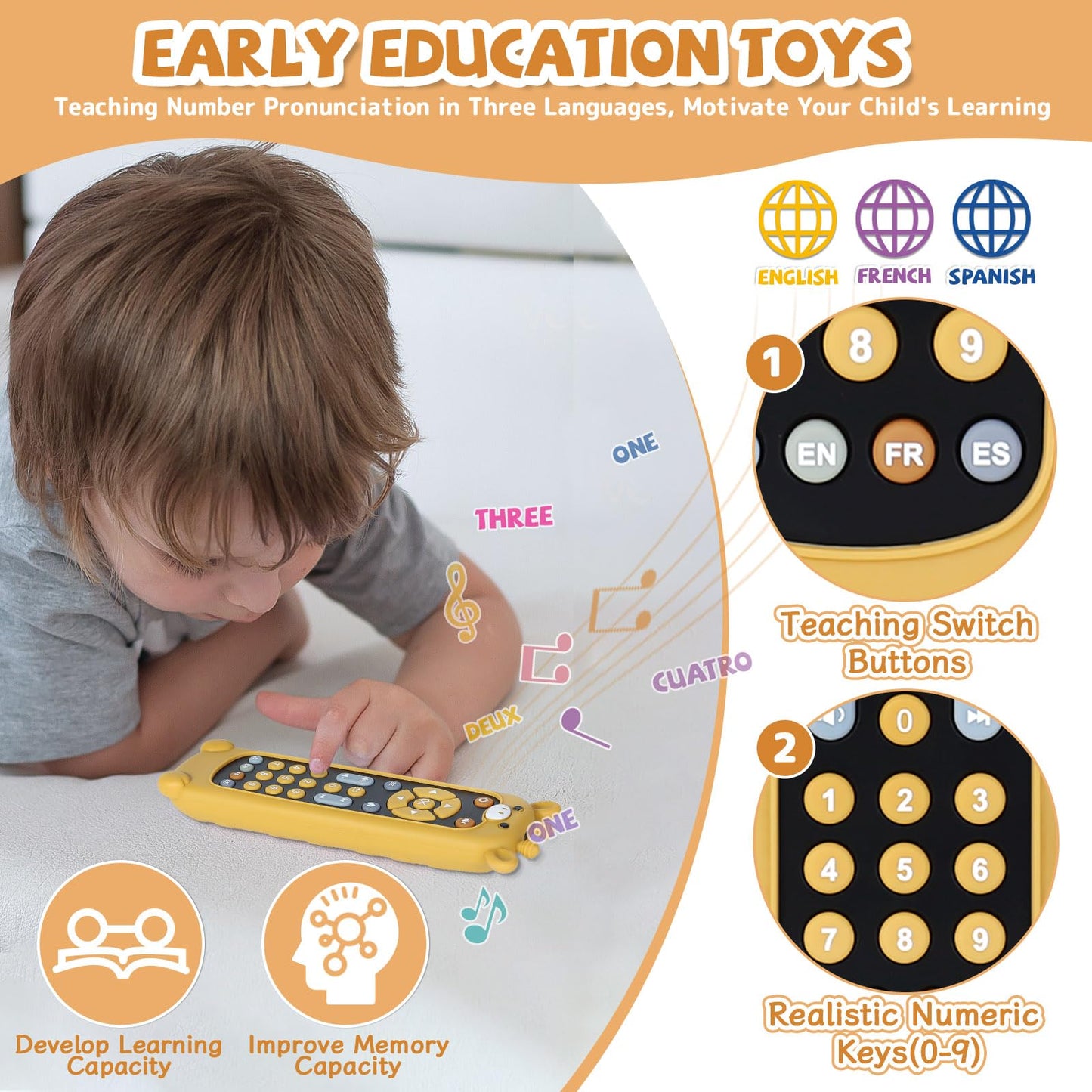 Orzbow Baby Remote Control Toy for 6 Month+ with Silicone Giraffe Teether Cover, TV Remote Toy with Realistic Light and Sound - English, French and Spanish for Infant Musical Toys, BPA Free, Black
