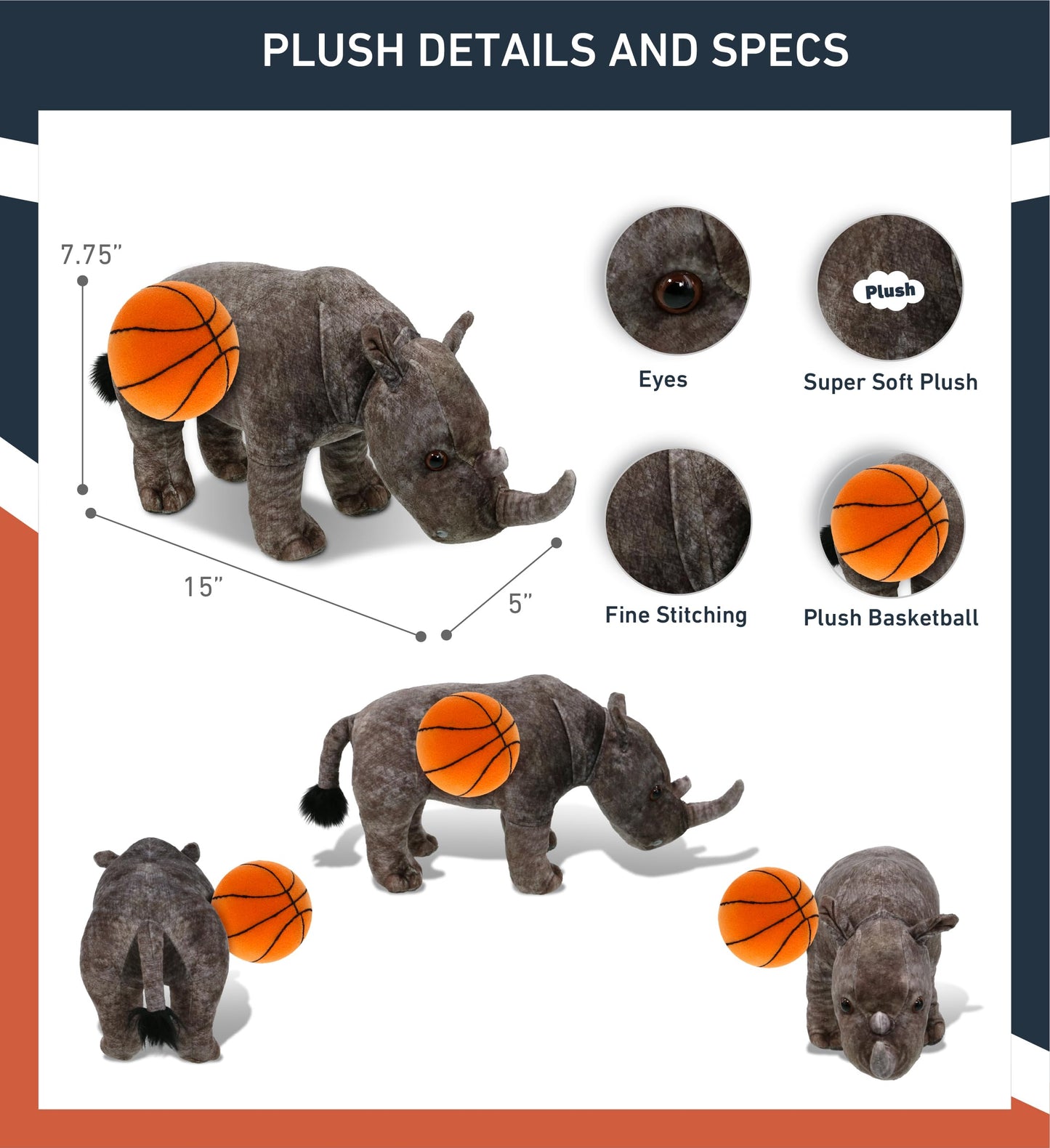 DolliBu Wild Collection Rhino Stuffed Animal with Basketball Plush - Huggable Rhinoceros, Fun Playtime Plush Toy, Cute Wildlife Gift, Personalized Doll Animal Toy for Kids and Adults - 15 Inches