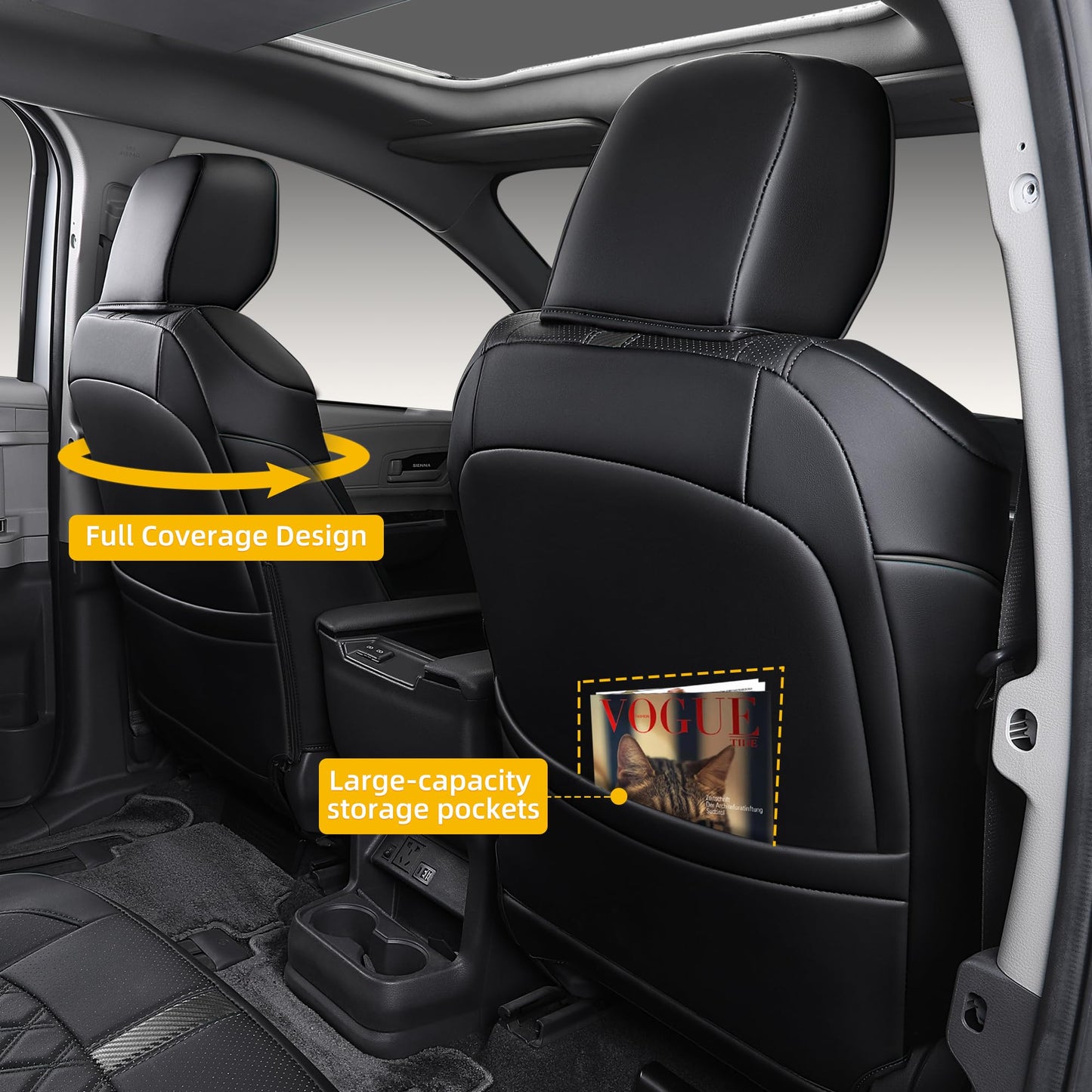 OURPLOT Custom Fit Sienna Seat Covers for 2021-2026 Toyota Sienna LE XLE 8-Passenger, Waterproof Faux Leather Full Set Airbag Compatible 3-Row Car Seat Protectors (Black)