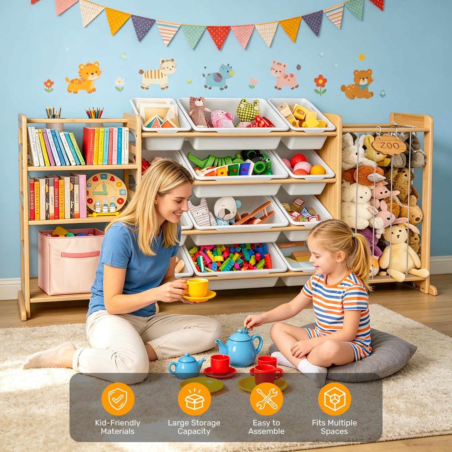 Yazzropt 65" Large Toy Storage Organizer with Bins Shelves & Stuffed Animal Storage for Kids Wood Toddler Playroom Organization with Bookshelf Toys Box Wooden Organizers for Kids Room Nursery Bedroom
