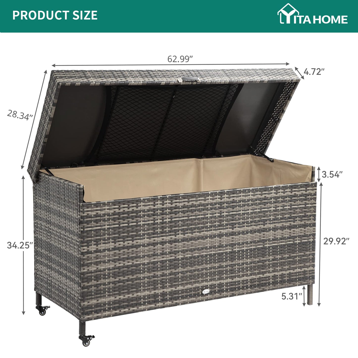 YITAHOME 200 Gallon Large Wicker Deck Box w/Storage Net, Rattan XL Outdoor Storage Box Patio Cushion Storage, Waterproof Storage Box for Patio Furniture, Garden Tools, Pool Sports Equipment (Grey)