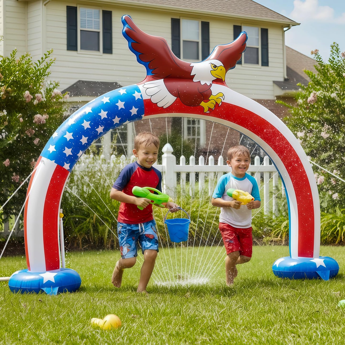 AURASUN Outdoor Sprinkler for Kids Age 3-7 Years Old - Eagle Arch Inflatable Kid Sprinklers for Yard - Water Park Supply Summer Party 4th of July Independence Day Gifts for Toddlers 8 x 6 FT Tall