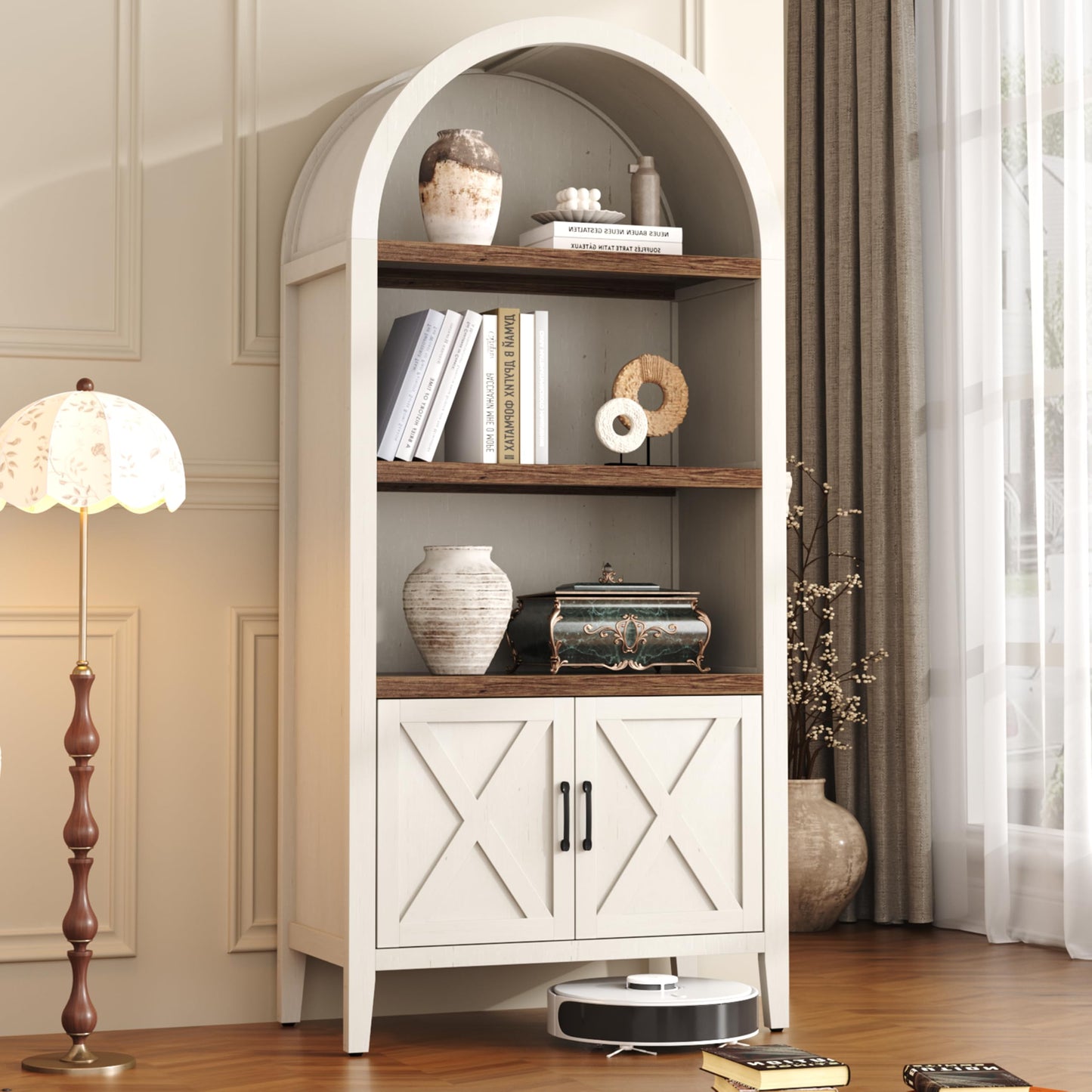 Yusong 71" Tall Arched Bookcase, 5-Tier Arched Bookshelf, Arch Cabinet Display Cabinet with Doors and Adjustable Shelf, Modern Farmhouse Kitchen Pantry for Living Room Bedroom, White