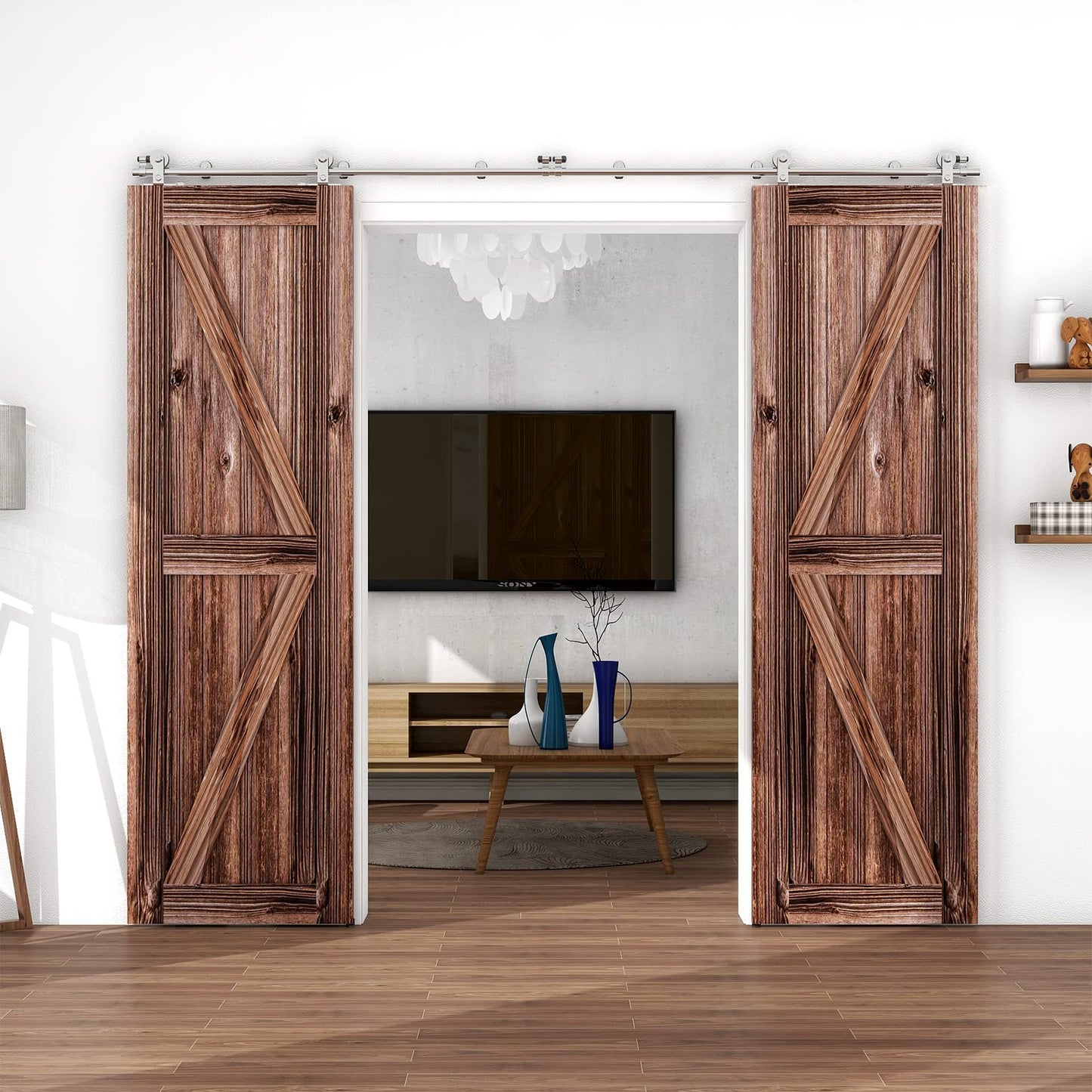 TSMST 11FT Sliding Barn Door Hardware Kit, Top Mount Stainless Steel Heavy Duty Sturdy Barn Door Track for Double Wood Door, Slide Smoothly Quietly (T Style)