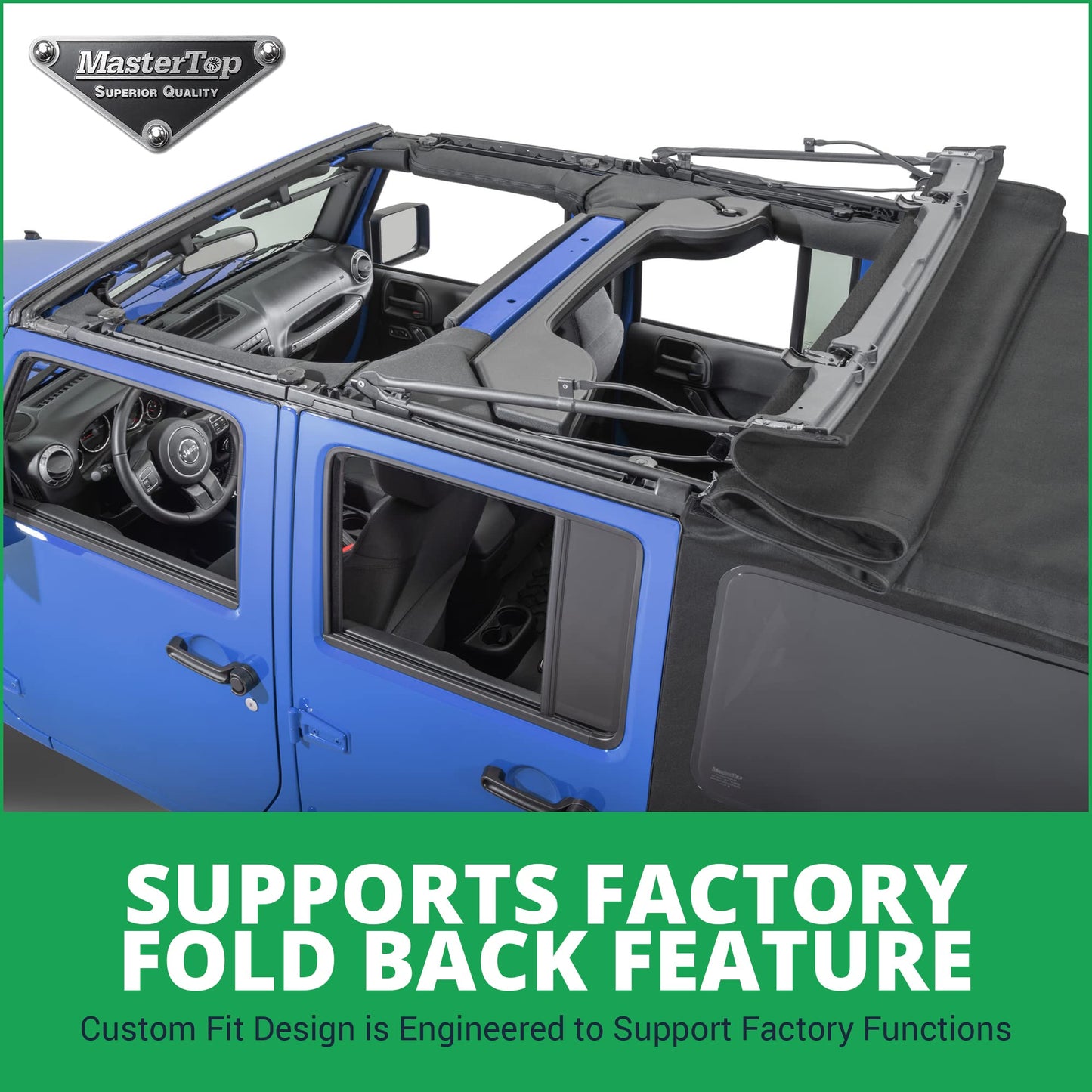 MasterTop Premium Replacement Fabric Only Soft Top - Fits Jeep Wrangler JK 4-Door 2010-2018 - Zip Up Removable Windows - DOT Approved 31% Window Tint - Upgraded Cable Style Design, Black MasterTwill