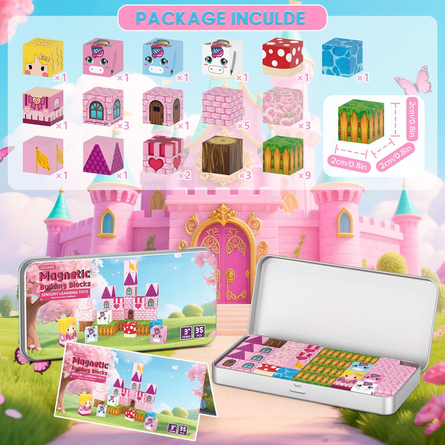 CZCUUDZ Mini Magnetic Blocks, Magnetic Blocks Travel with Portable Iron Storage Box, 35PCS Magnet Building Blocks for Toddlers, STEM Educational Magnet Toys for Ages 3 4 5 6 7 8 Boys Girls, Unicorn
