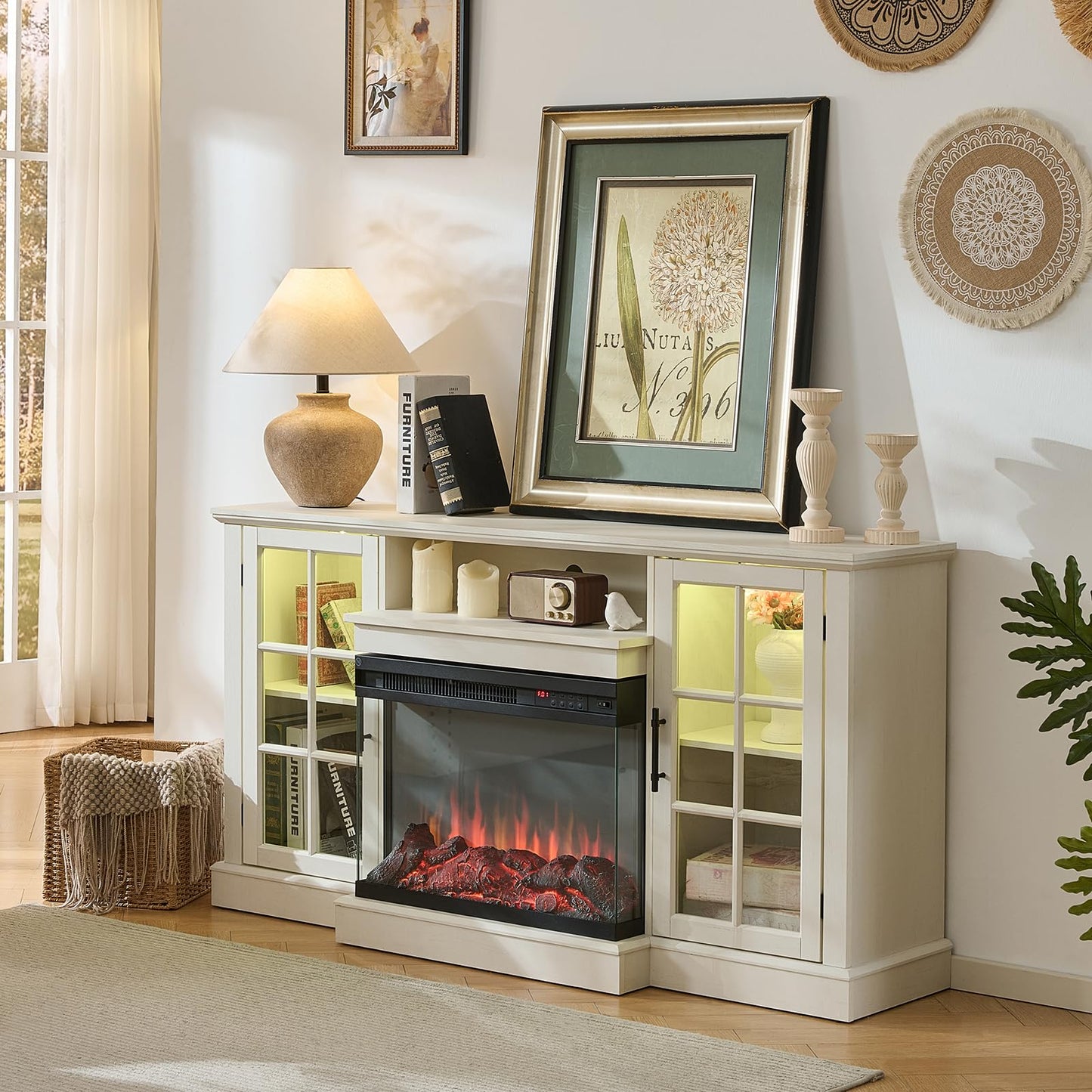 ROCKPOINT 3 Sided Glass 59" Fireplace TV Stand for TVs up to 65inch, Media Entertainment Center with Storage Cabinet,24" Electric Fireplace with LED Light and Flame Colors, White