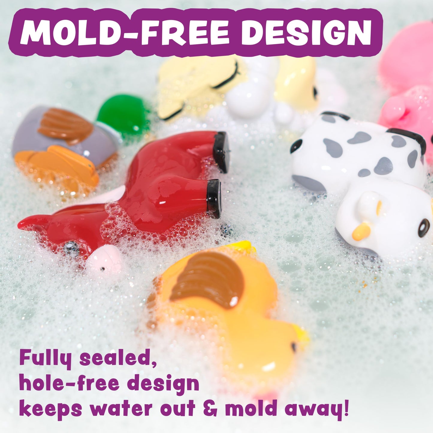 Tub Works® Barnyard™ Mold Free Bath Toys, 12 Pack | Sealed, No Hole Bath Toys Design Keeps Moisture Out | Soft, Squeezable & Float on Water | Farm Animals Baby & Toddler Bathtub Toys | Baby Pool Toys